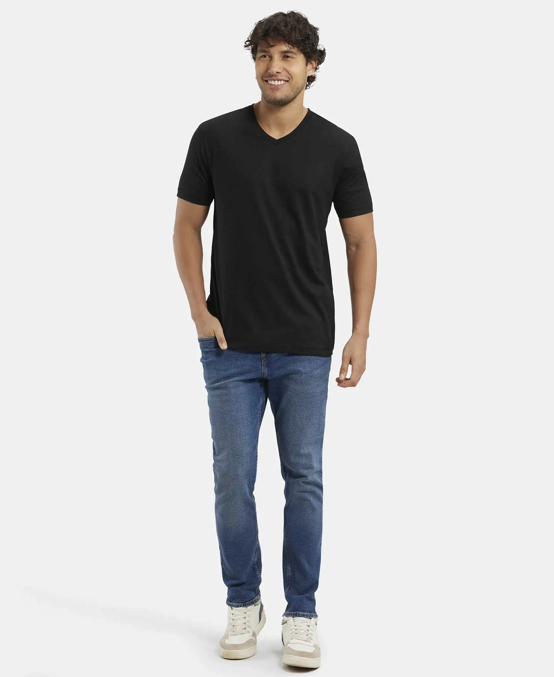 Pack of 2 Super Combed Cotton Rich Solid V Neck Half Sleeve T-Shirt - Black & Shanghai Red - Image 4