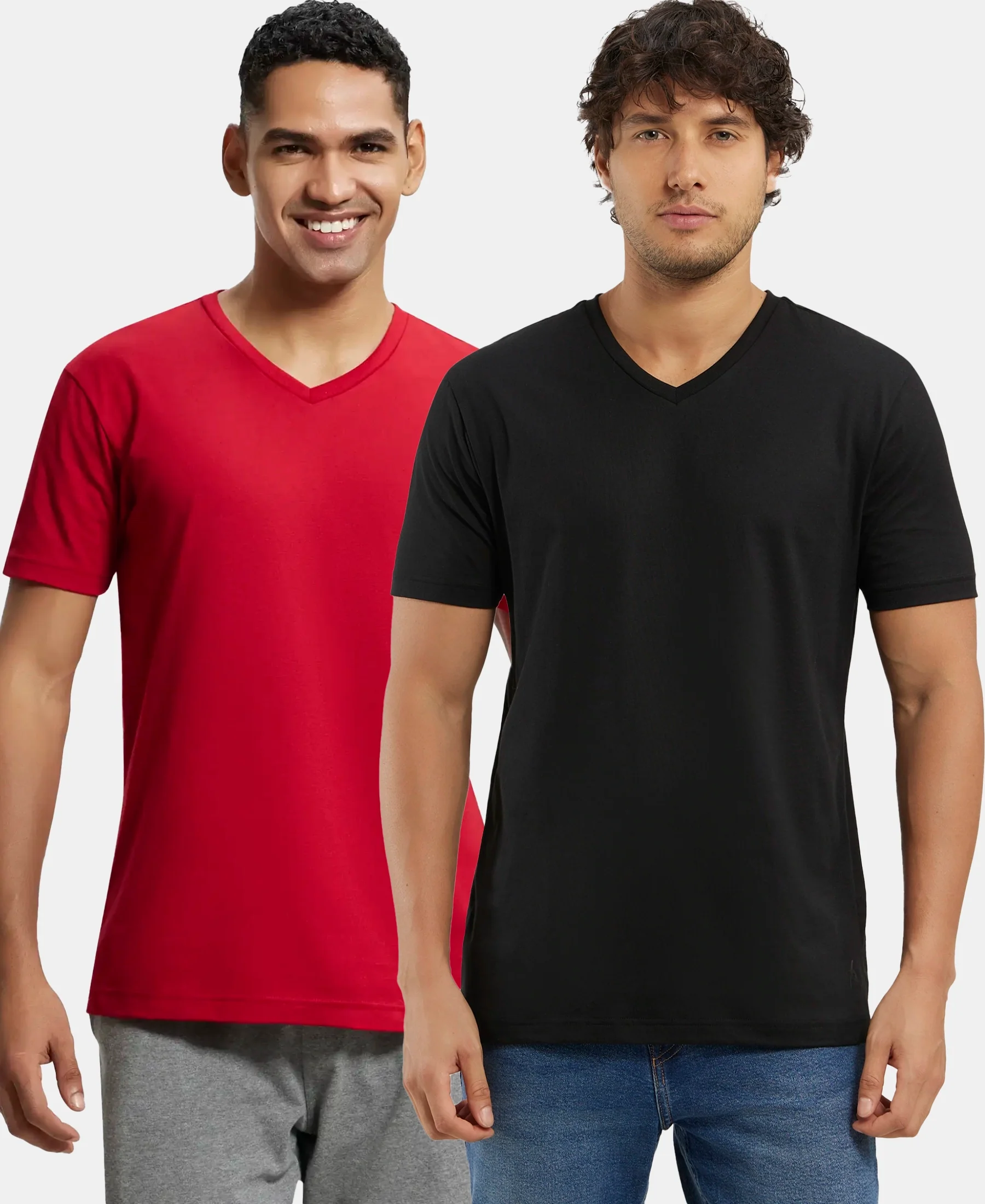 Pack of 2 Super Combed Cotton Rich Solid V Neck Half Sleeve T-Shirt - Black & Shanghai Red - Image 5