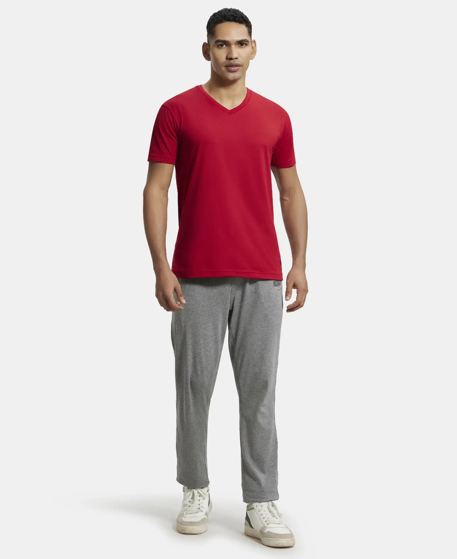 Pack of 2 Super Combed Cotton Rich Solid V Neck Half Sleeve T-Shirt - Black & Shanghai Red - Image 9