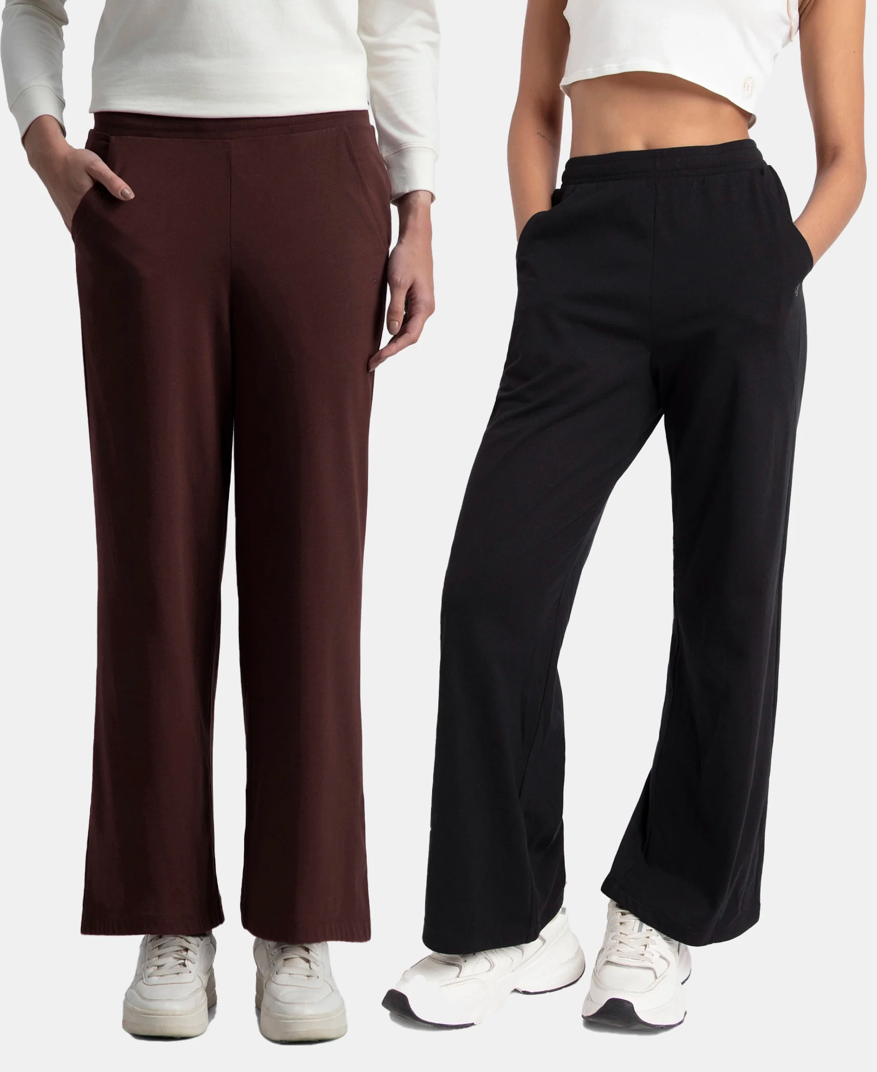 Pack of 2 Super Combed Cotton Rich Straight Fit Wide Leg Pants - Black & Puce - Image 5