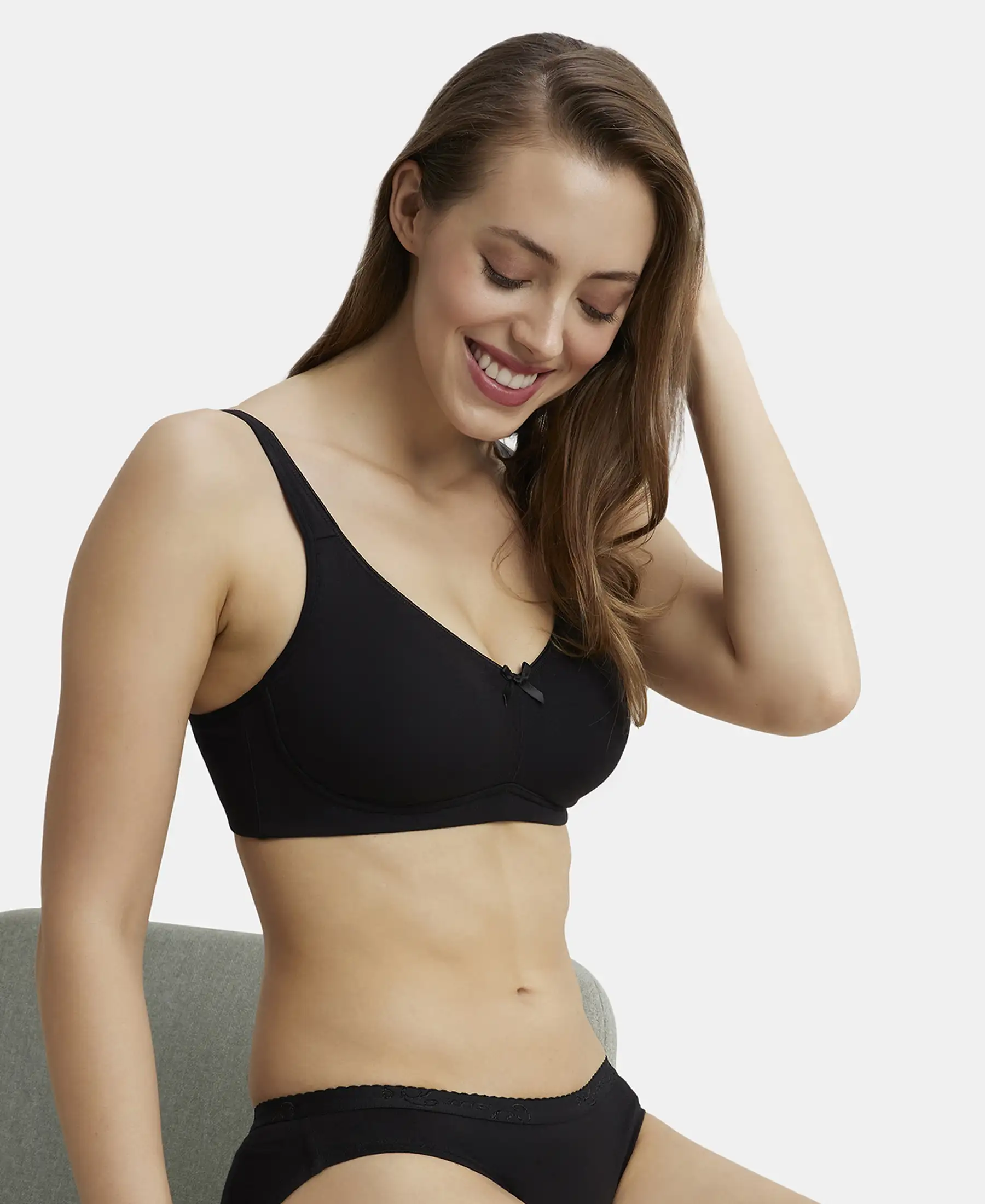 Pack of 2 Wirefree Non Padded Super Combed Cotton Elastane Stretch Full Coverage Everyday Bra with Concealed Shaper Panel - Black & Skin - Image 4