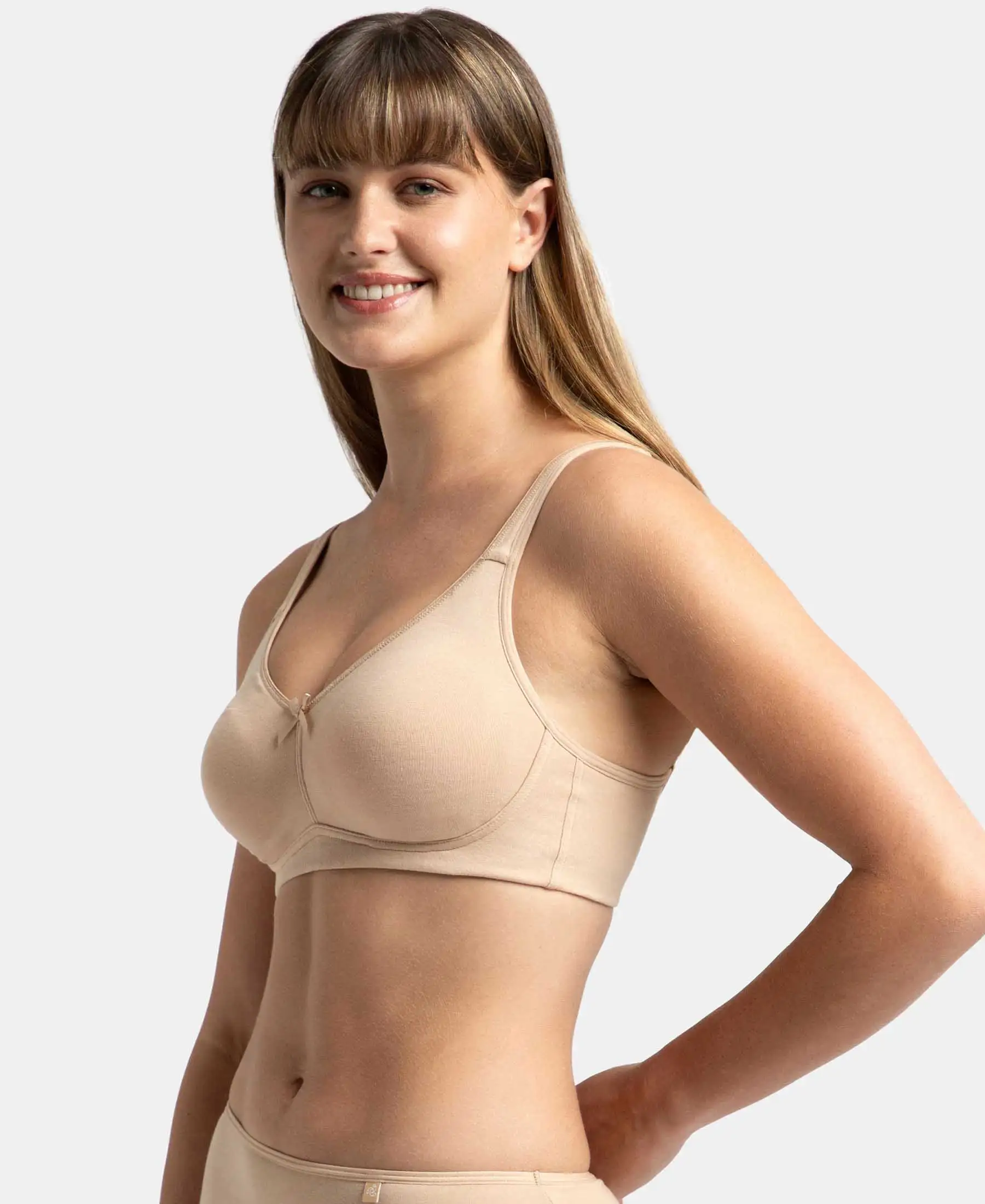 Pack of 2 Wirefree Non Padded Super Combed Cotton Elastane Stretch Full Coverage Everyday Bra with Concealed Shaper Panel - White & Skin - Image 6