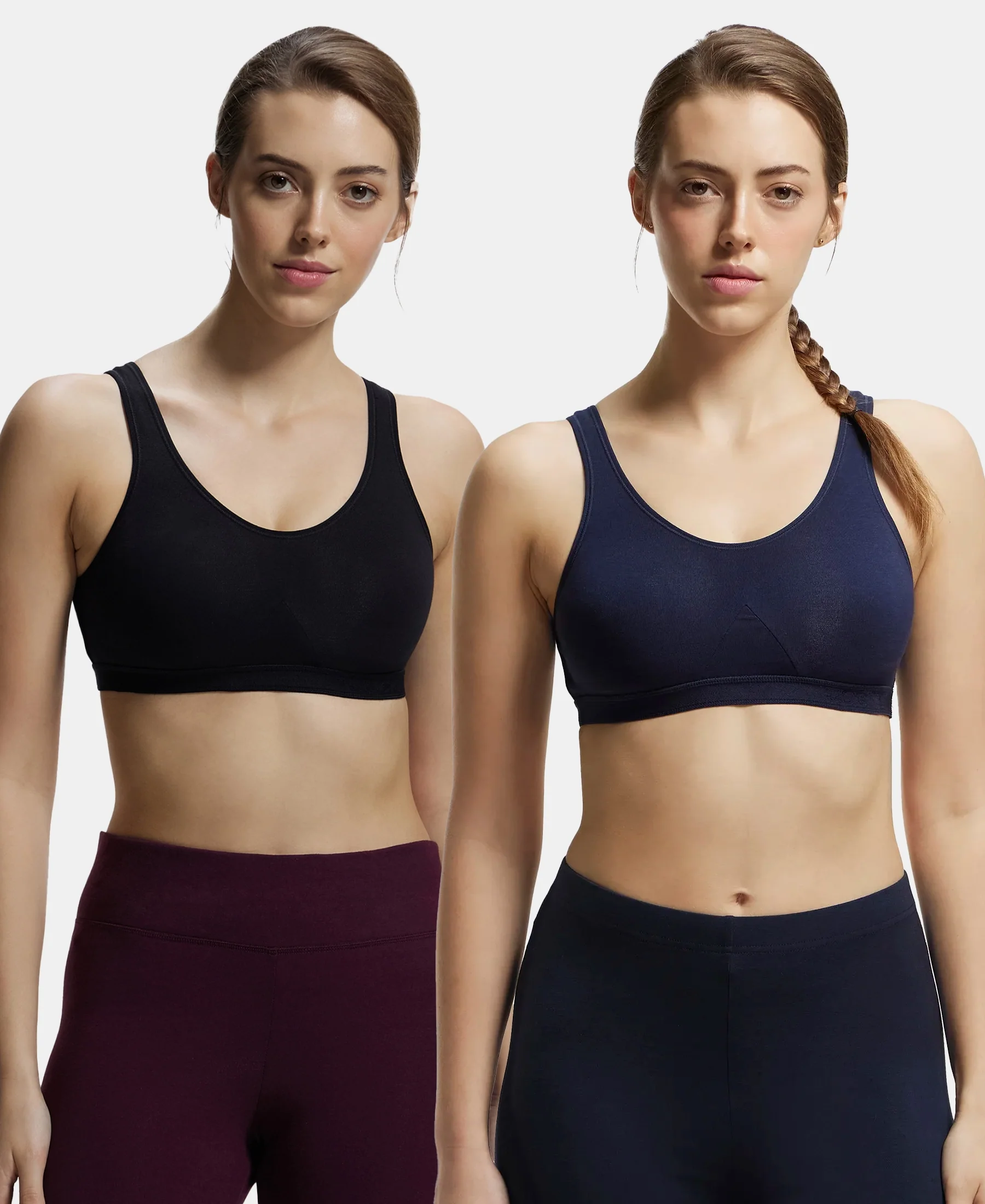 Pack of 2 Wirefree Non Padded Super Combed Cotton Elastane Stretch Full Coverage Slip-On Active Bra with Wider Straps and Moisture Move Treatment - Black & Navy - Image 5