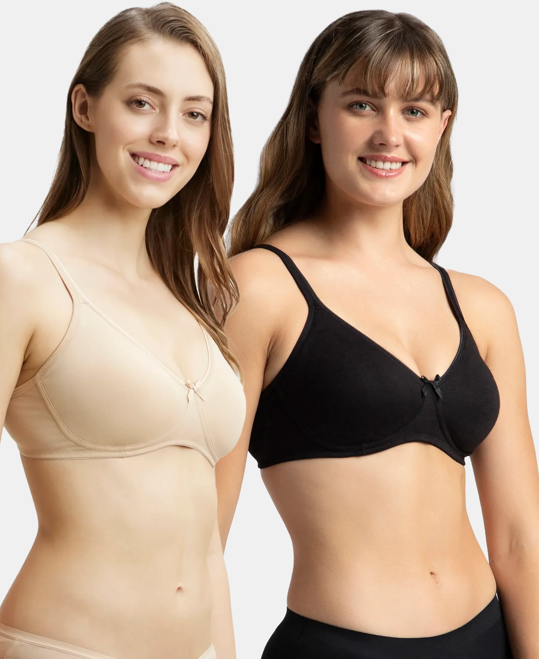 Pack of 2 Wirefree Non Padded Super Combed Cotton Elastane Stretch Medium Coverage Everyday Bra with Concealed Shaper Panel - Black & Skin - Image 5