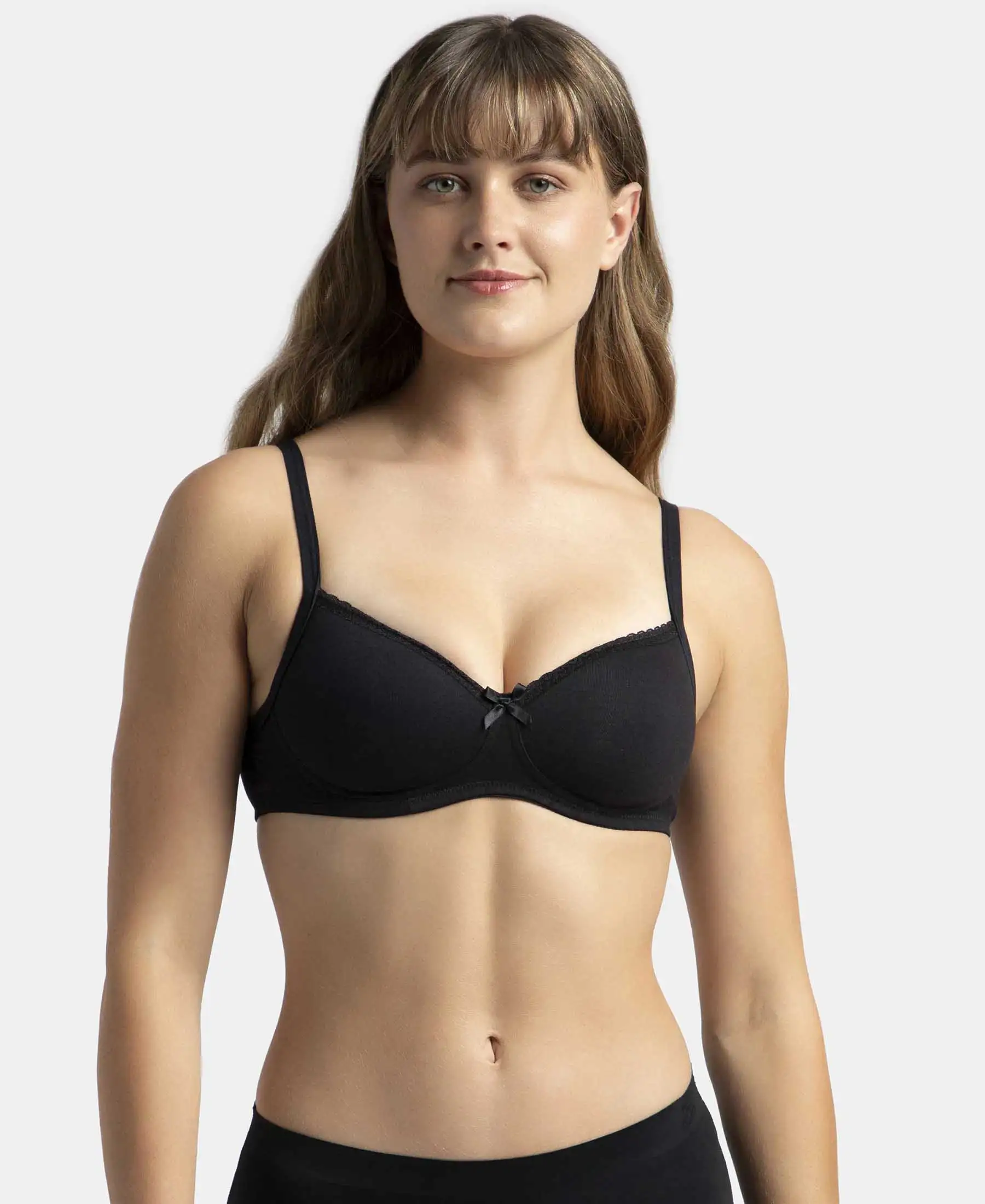 Pack of 2 Wirefree Padded Super Combed Cotton Elastane Stretch Medium Coverage T-Shirt Bra with Lace Styling - Black & White - Image 2
