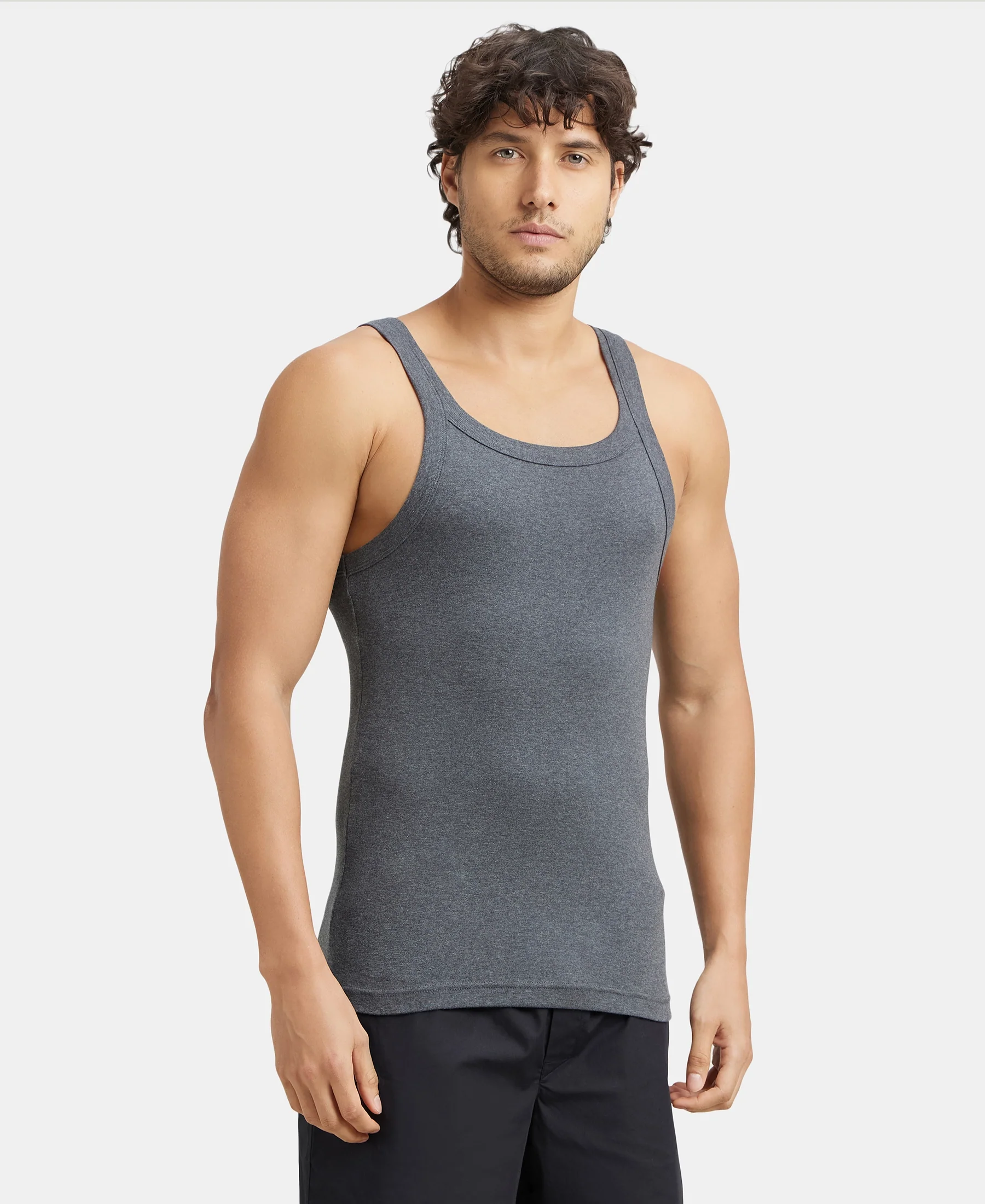 Pack of 3 Super Combed Cotton Rib Square Neck Gym Vest - Navy, Charcoal Melange & Black - Image 6
