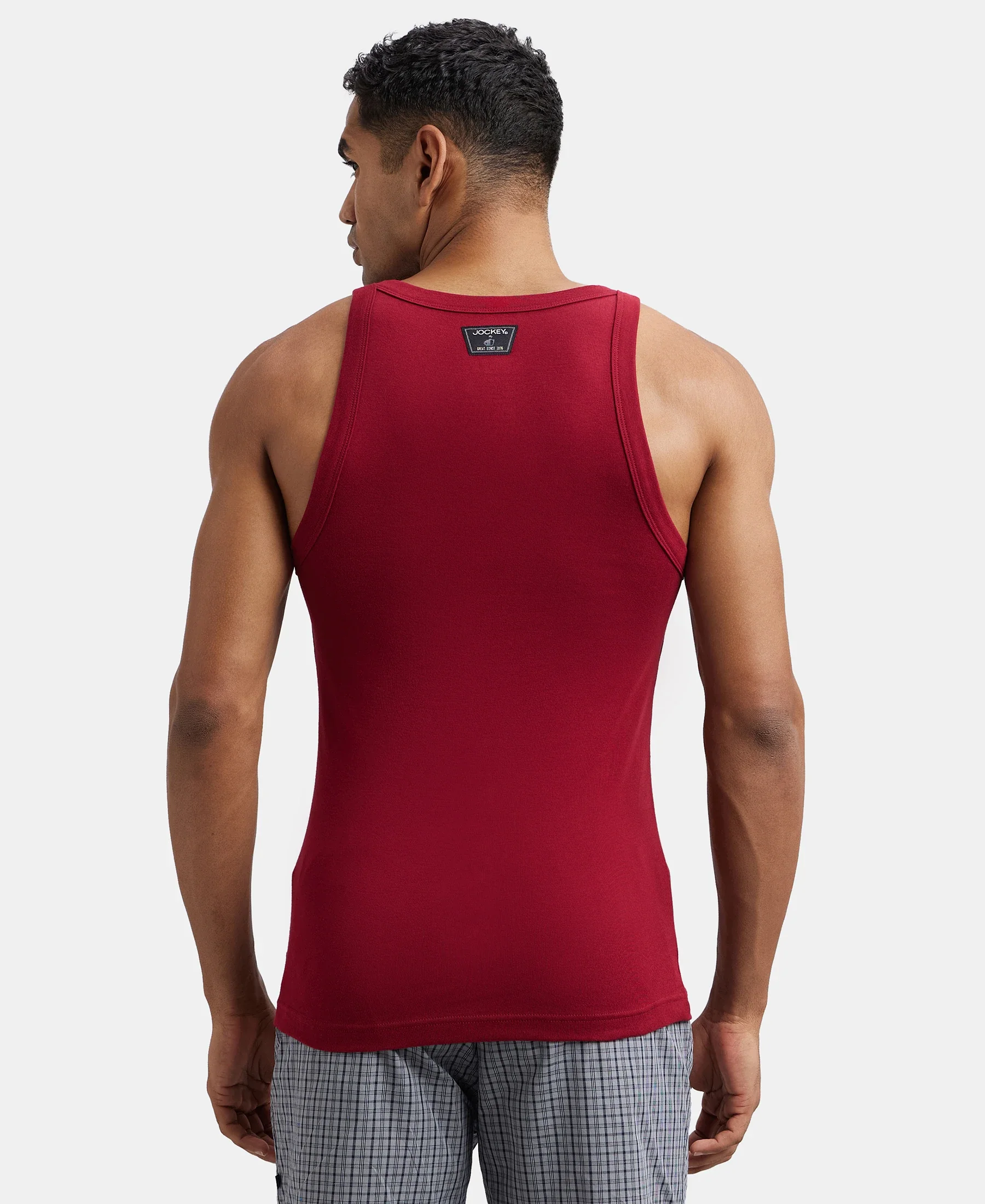 Pack of 3 Super Combed Cotton Rib Square Neck Gym Vest - Poseidon, Red Pepper & Deep Olive - Image 3