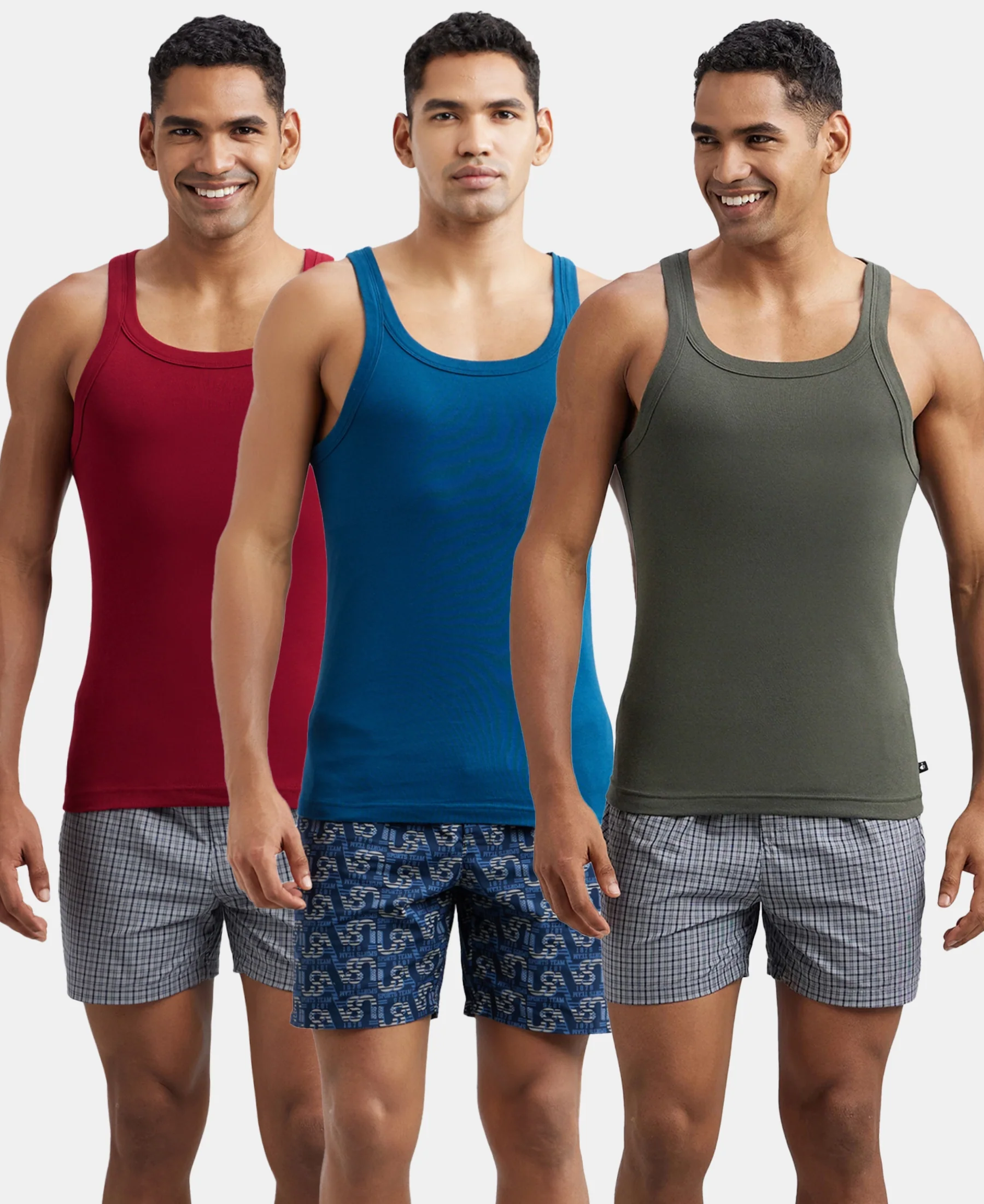 Pack of 3 Super Combed Cotton Rib Square Neck Gym Vest - Poseidon, Red Pepper & Deep Olive - Image 5