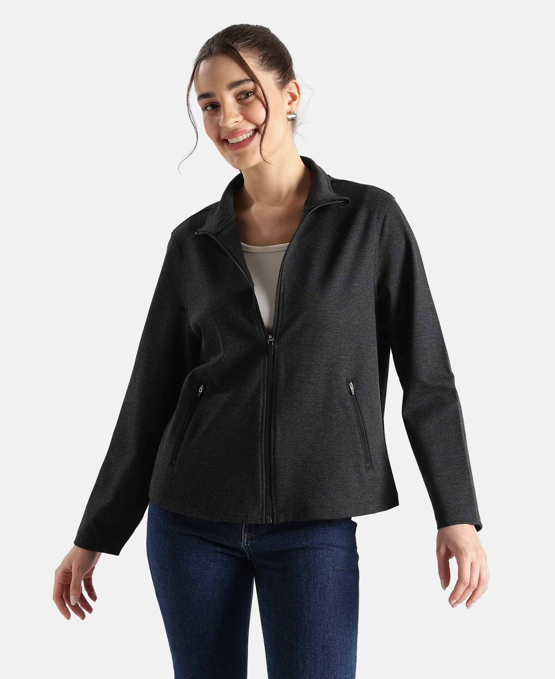 Rayon Nylon Elastane Stretch Relaxed Fit Jacket with Zipper Pockets - Black Melange