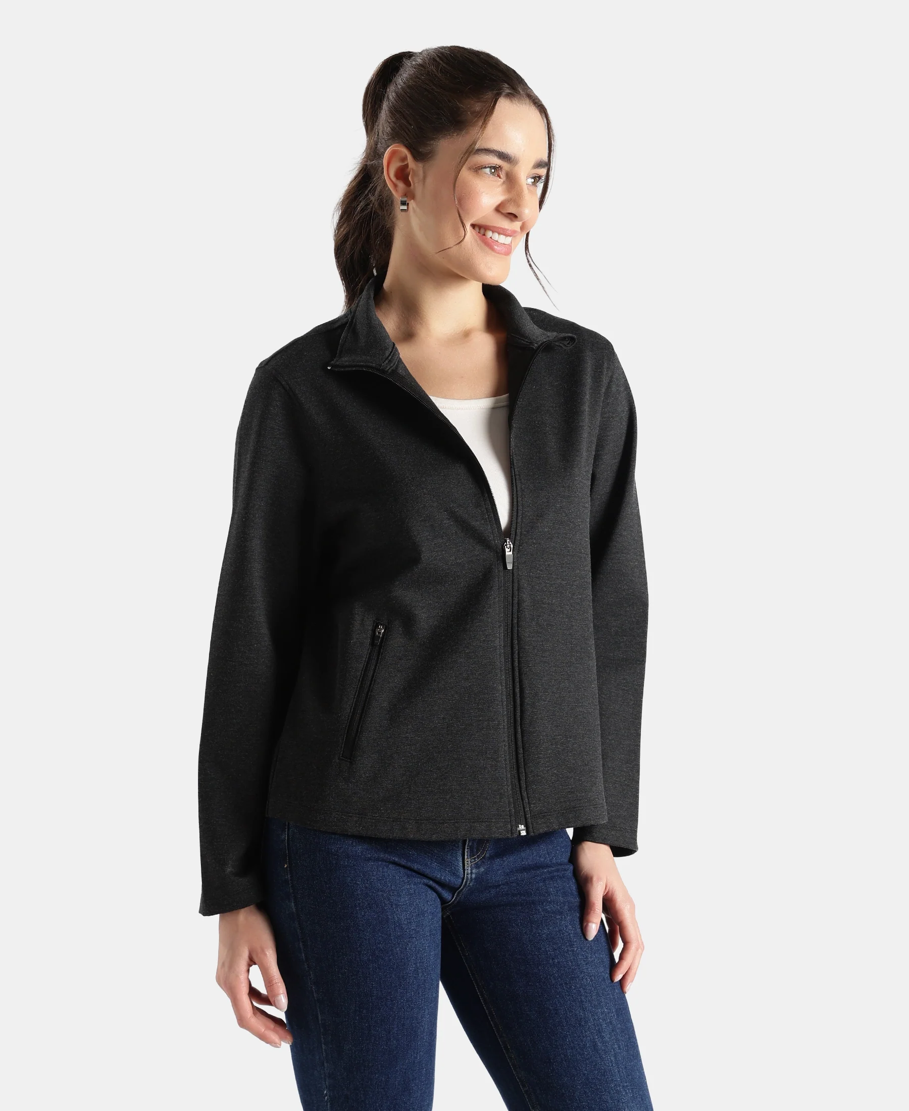 Rayon Nylon Elastane Stretch Relaxed Fit Jacket with Zipper Pockets - Black Melange - Image 2