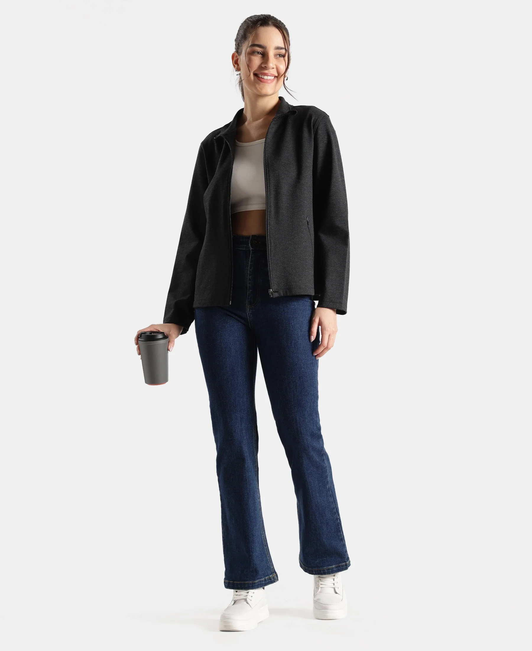 Rayon Nylon Elastane Stretch Relaxed Fit Jacket with Zipper Pockets - Black Melange - Image 4