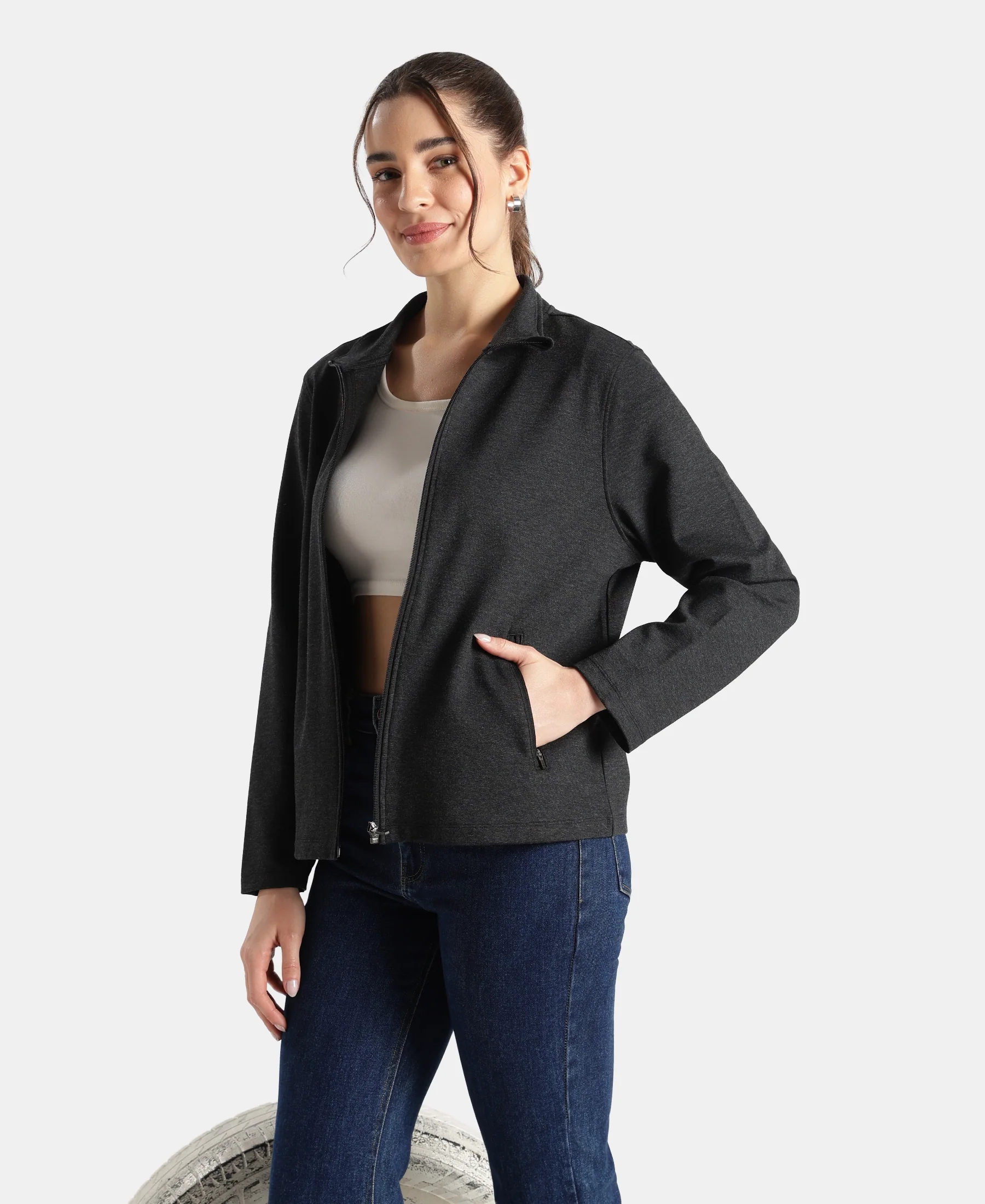 Rayon Nylon Elastane Stretch Relaxed Fit Jacket with Zipper Pockets - Black Melange - Image 5