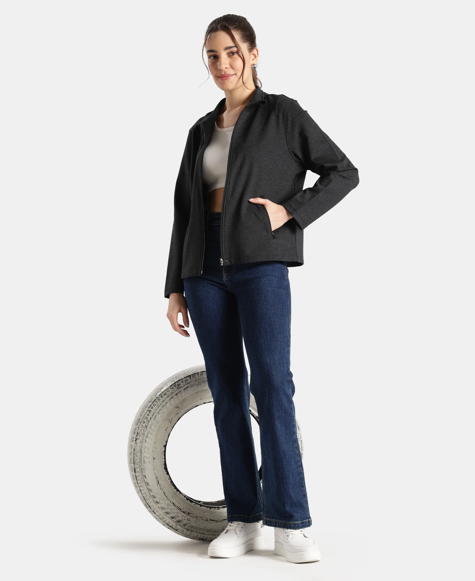 Rayon Nylon Elastane Stretch Relaxed Fit Jacket with Zipper Pockets - Black Melange - Image 6