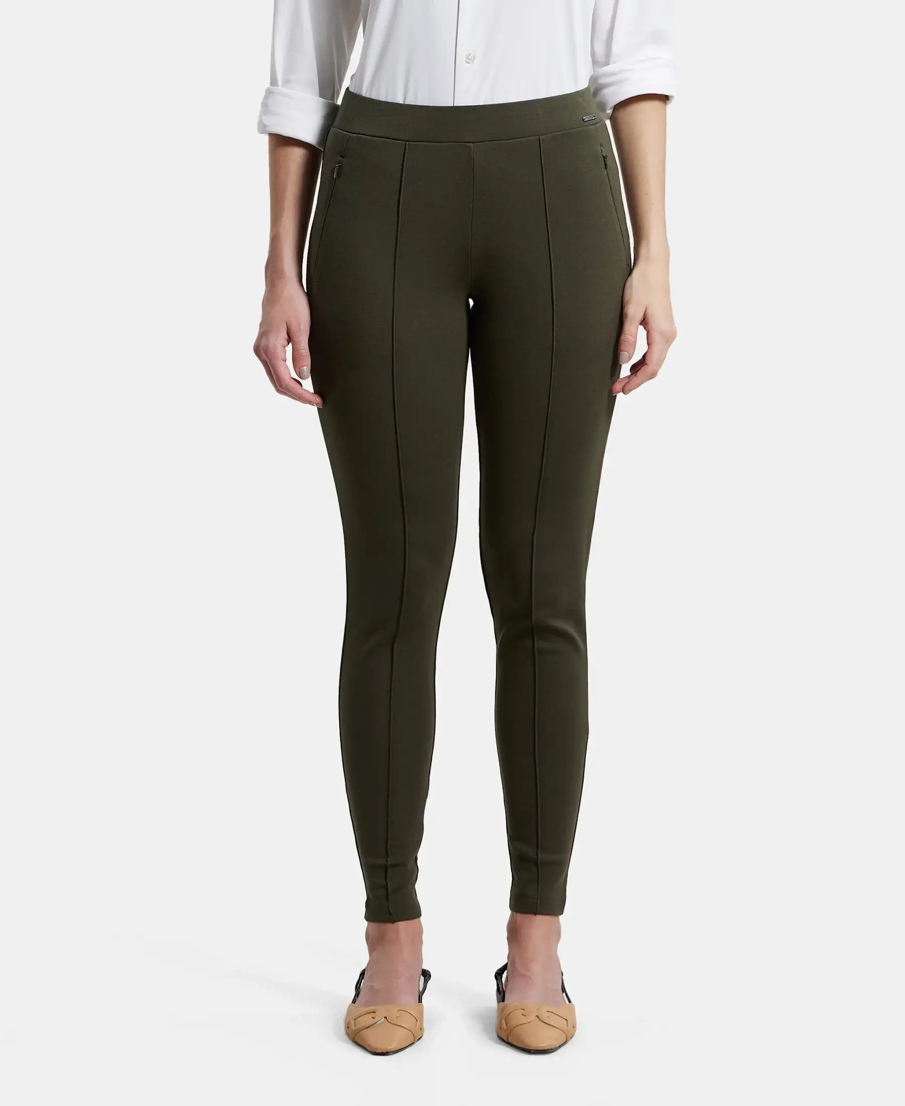 Rayon Nylon Elastane Stretch Treggings with Side Zipper Pockets - Deep Depths