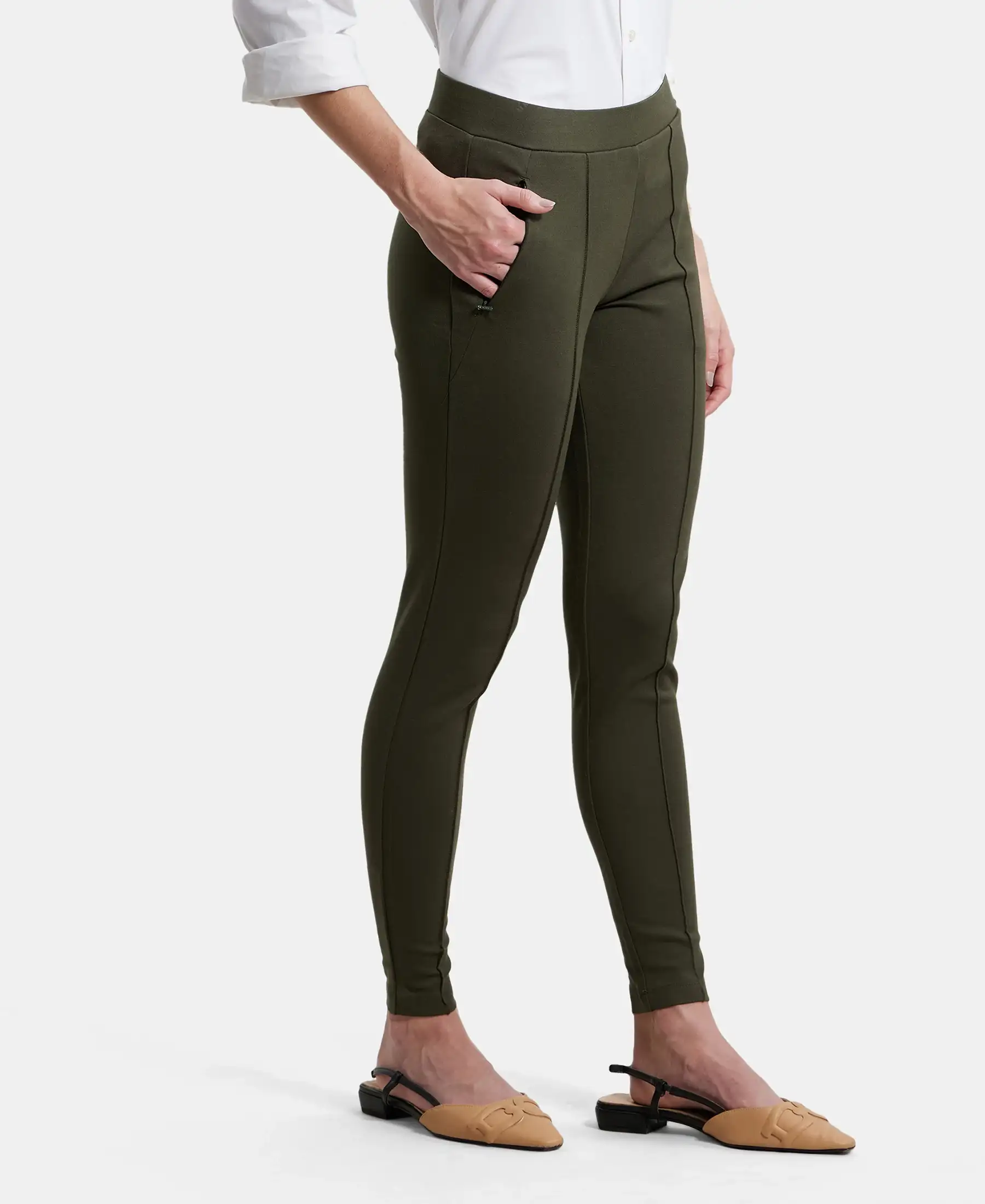 Rayon Nylon Elastane Stretch Treggings with Side Zipper Pockets - Deep Depths - Image 2
