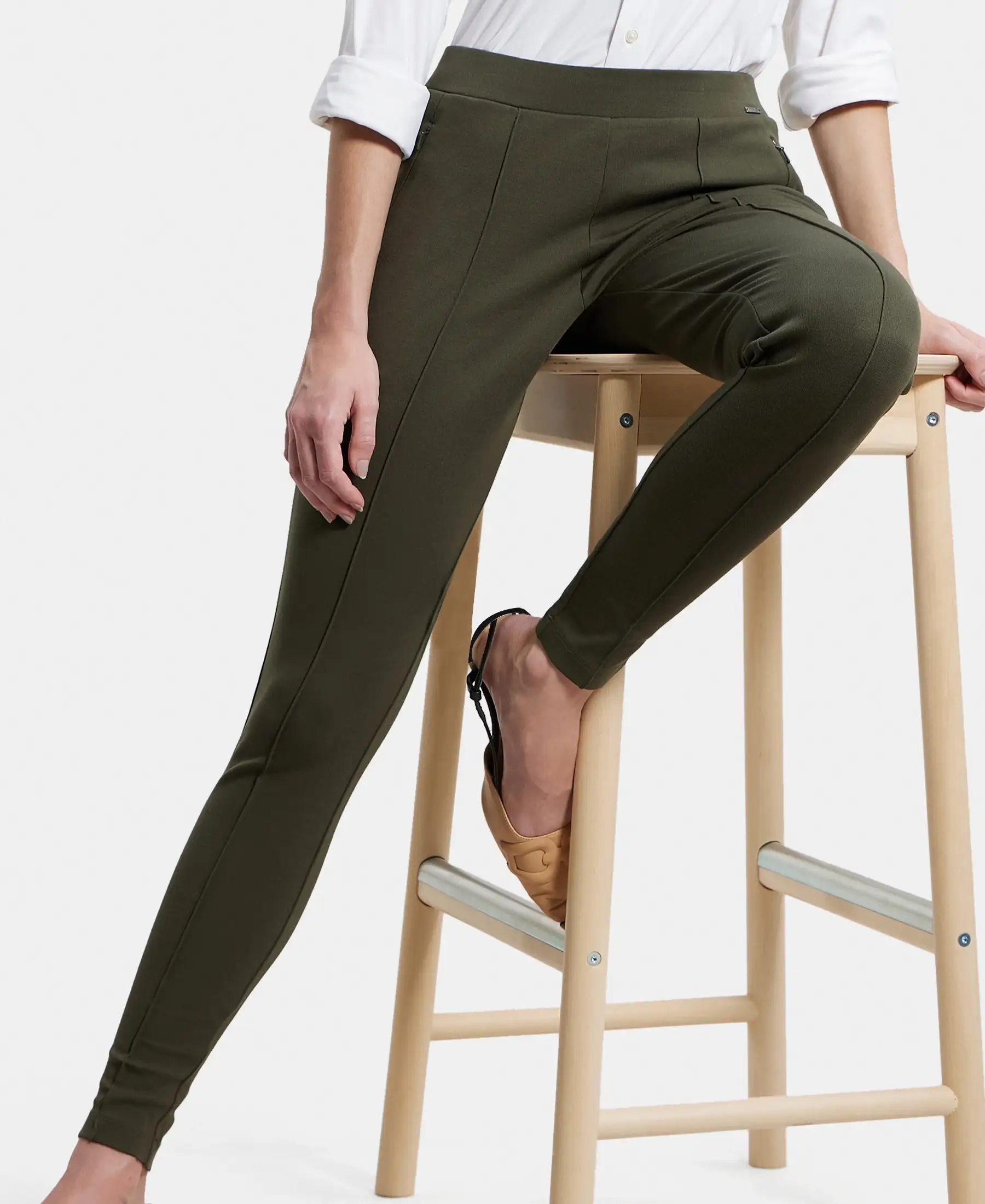Rayon Nylon Elastane Stretch Treggings with Side Zipper Pockets - Deep Depths - Image 5