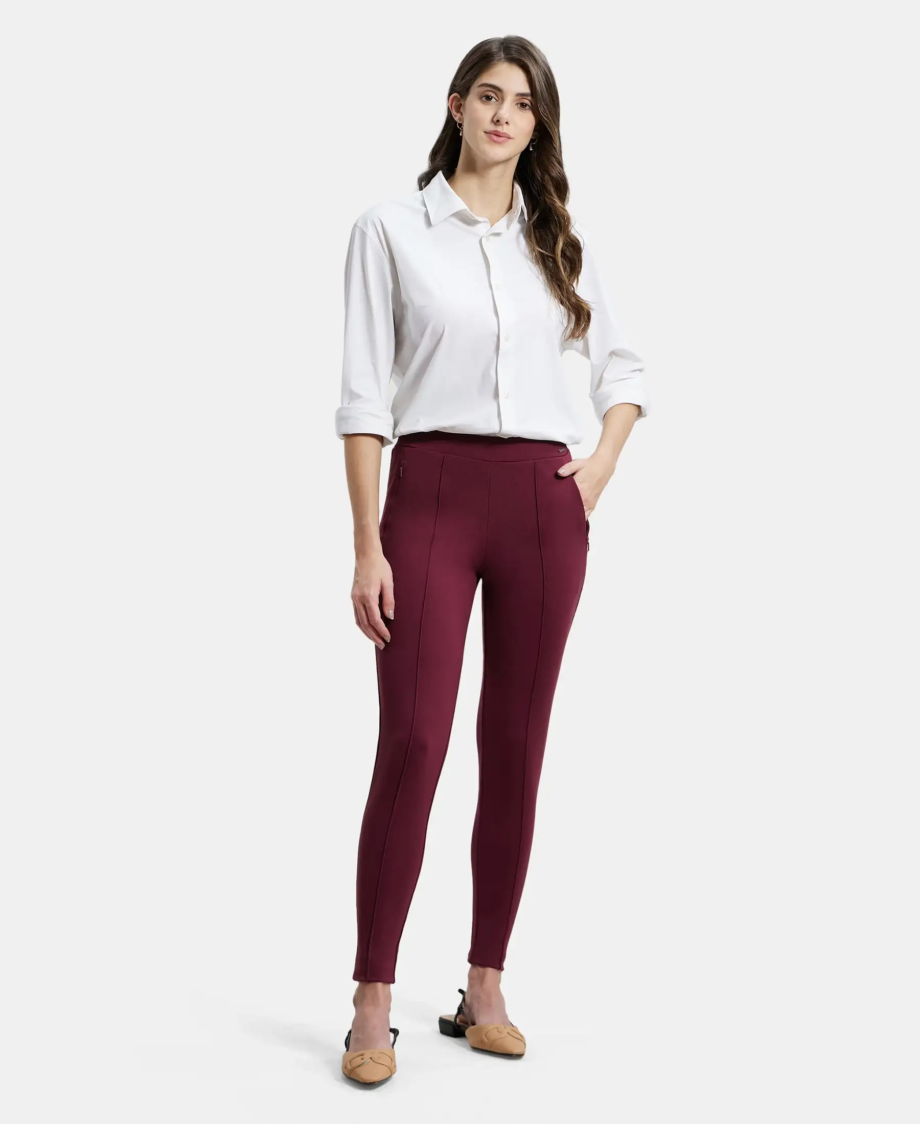 Rayon Nylon Elastane Stretch Treggings with Side Zipper Pockets - Fig - Image 4