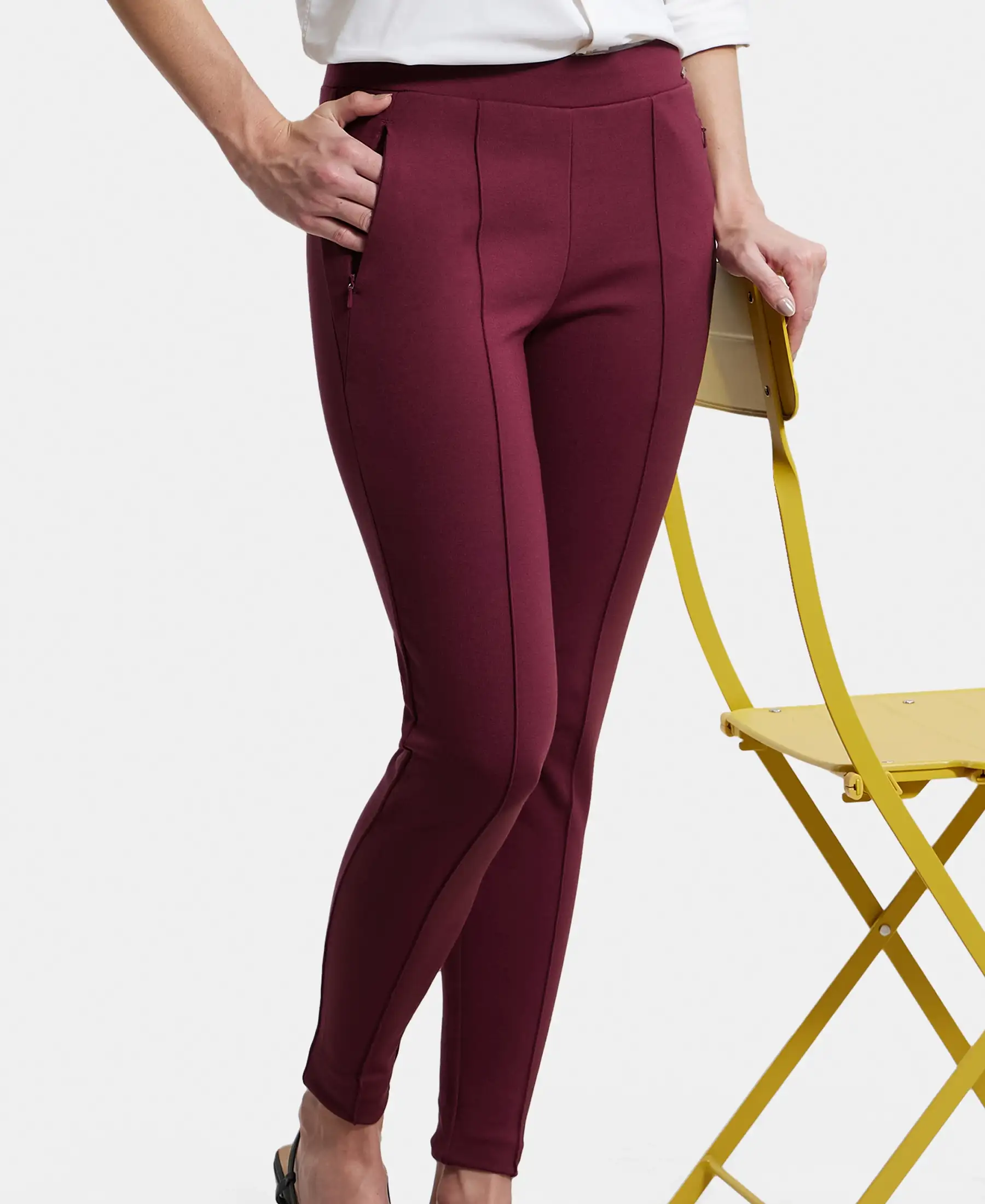 Rayon Nylon Elastane Stretch Treggings with Side Zipper Pockets - Fig - Image 5