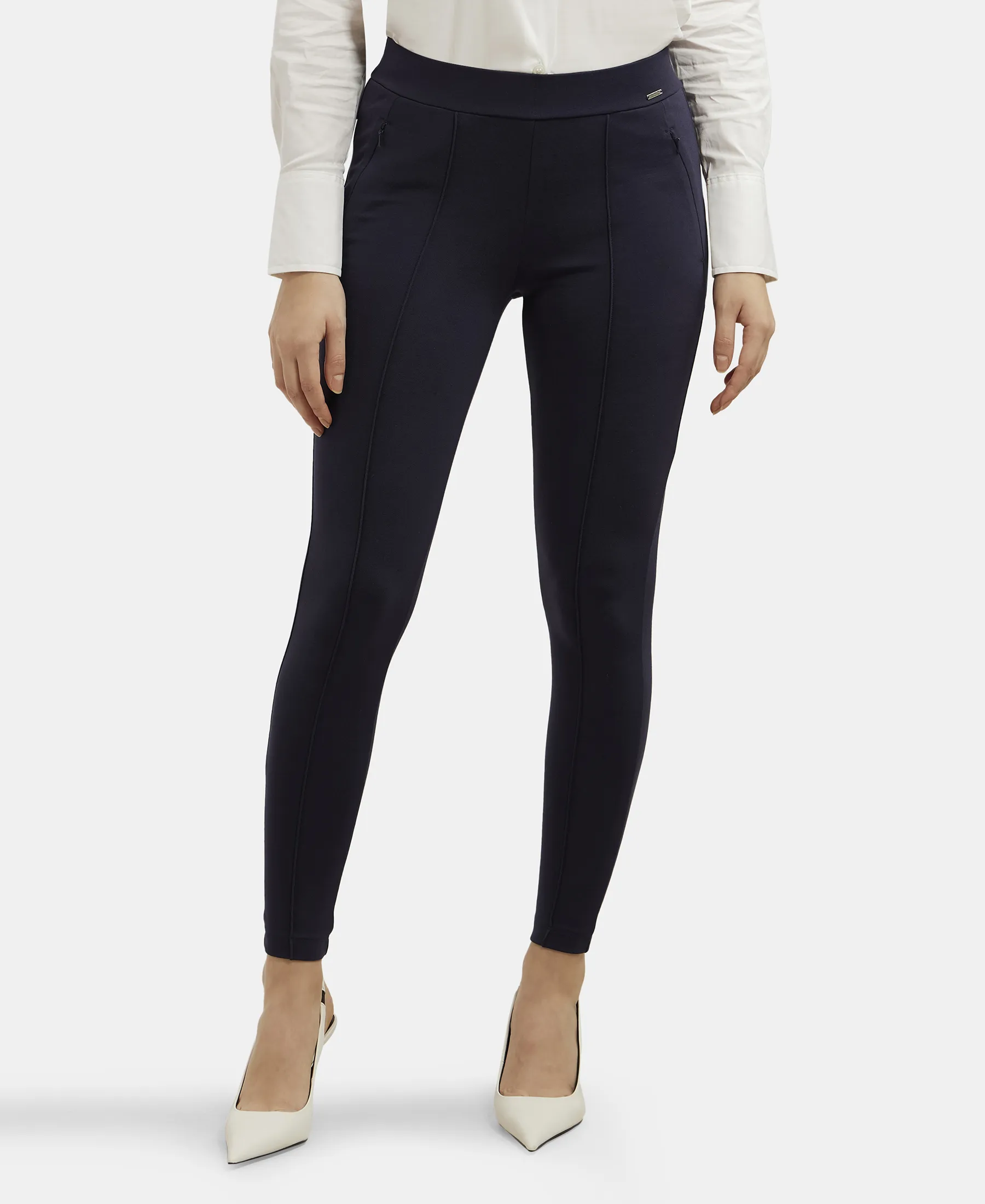 Rayon Nylon Elastane Stretch Treggings with Side Zipper Pockets - Navy Blazer