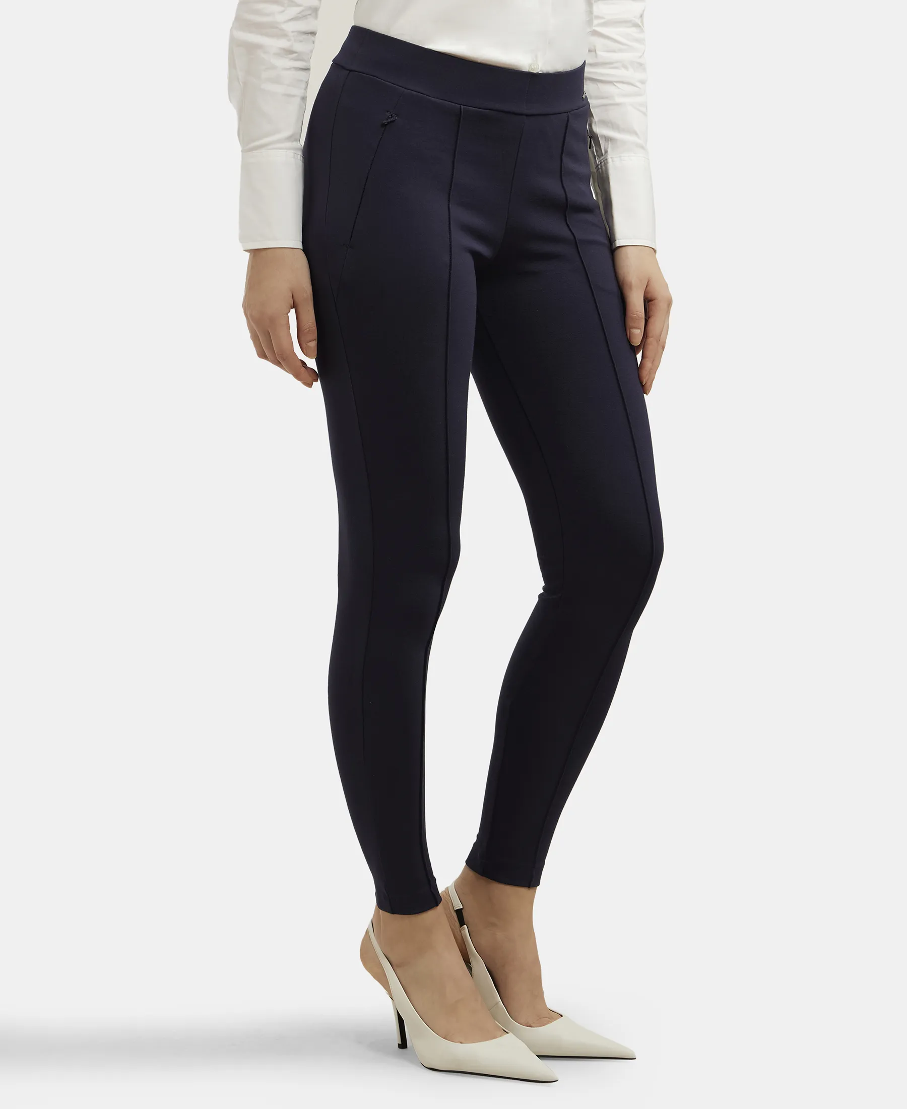 Rayon Nylon Elastane Stretch Treggings with Side Zipper Pockets - Navy Blazer - Image 2