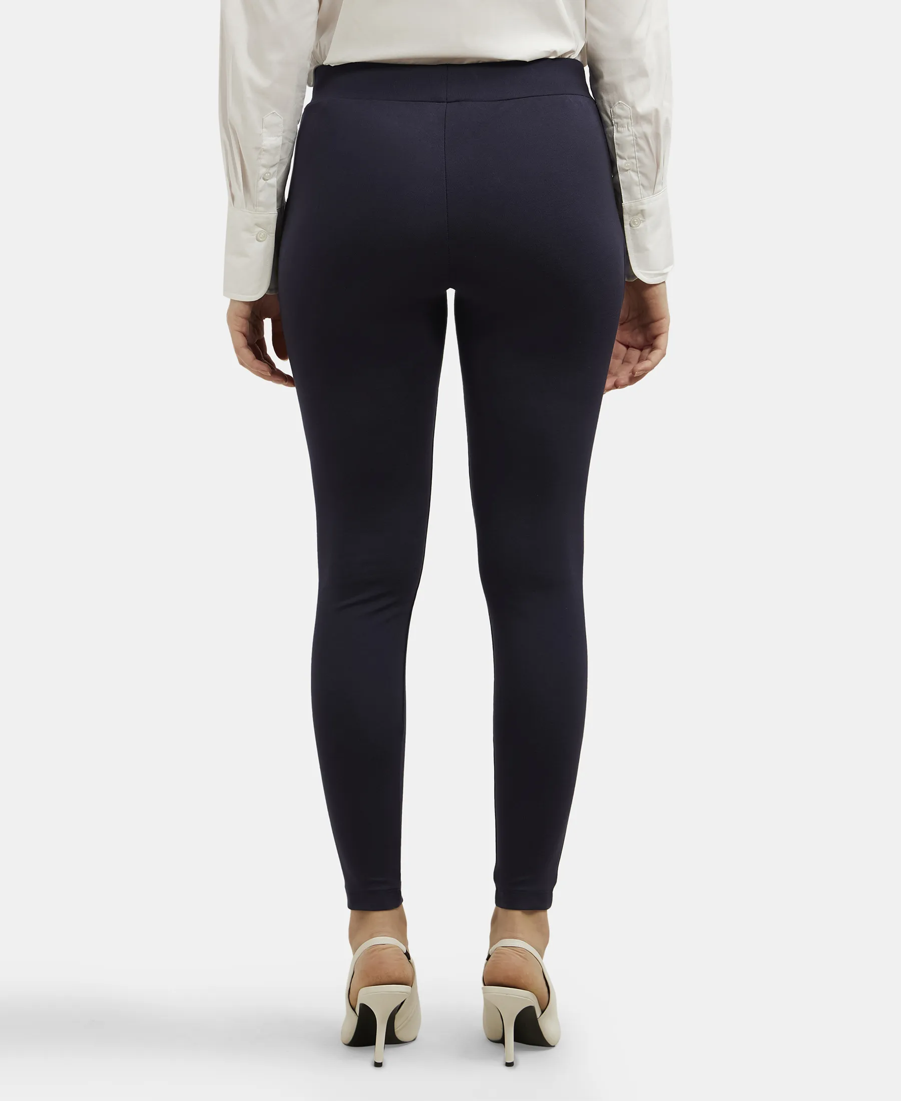 Rayon Nylon Elastane Stretch Treggings with Side Zipper Pockets - Navy Blazer - Image 3