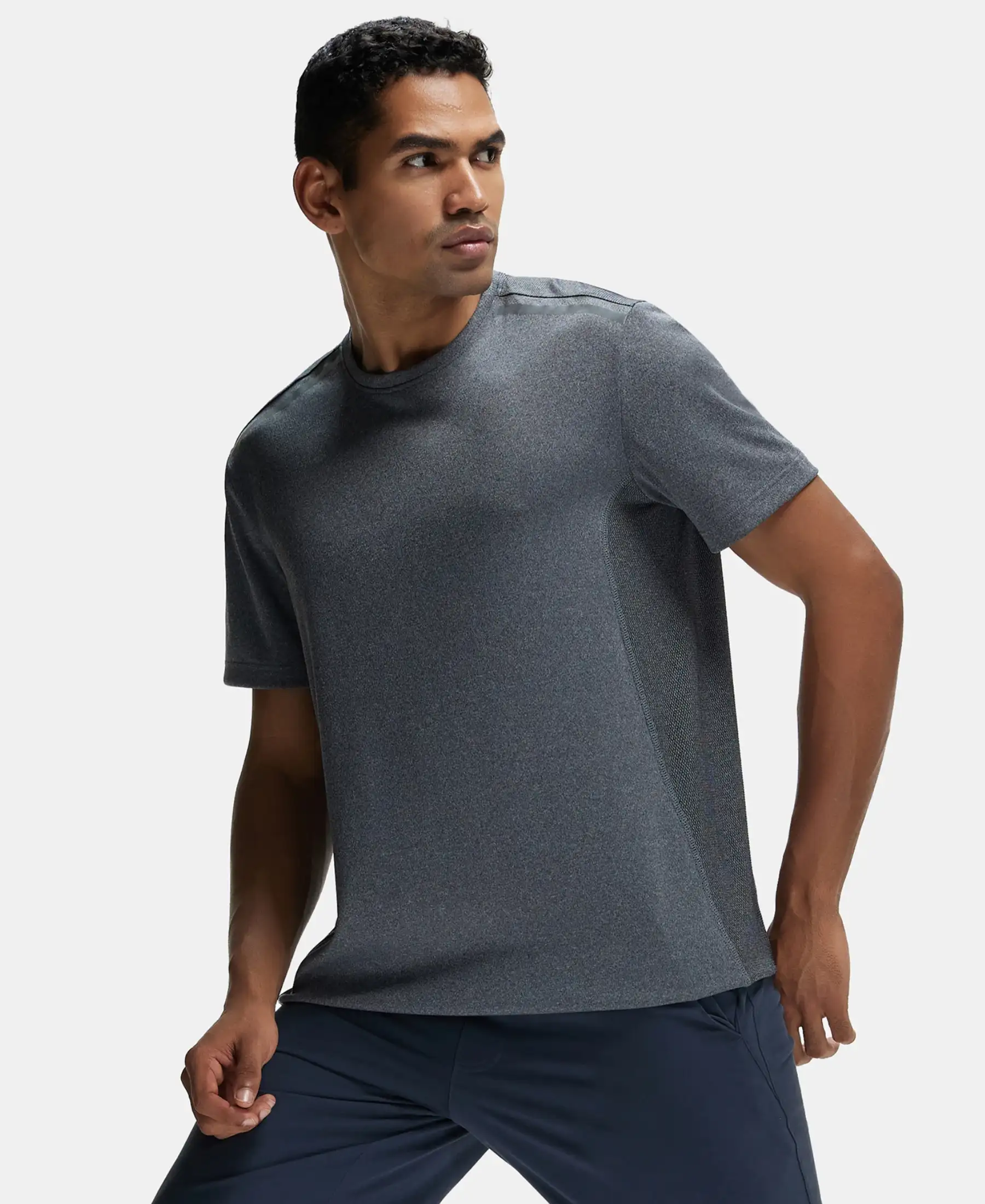 Recycled Microfiber Elastane Stretch Half Sleeve Round Neck T-Shirt with Breathable Mesh - Black - Image 5