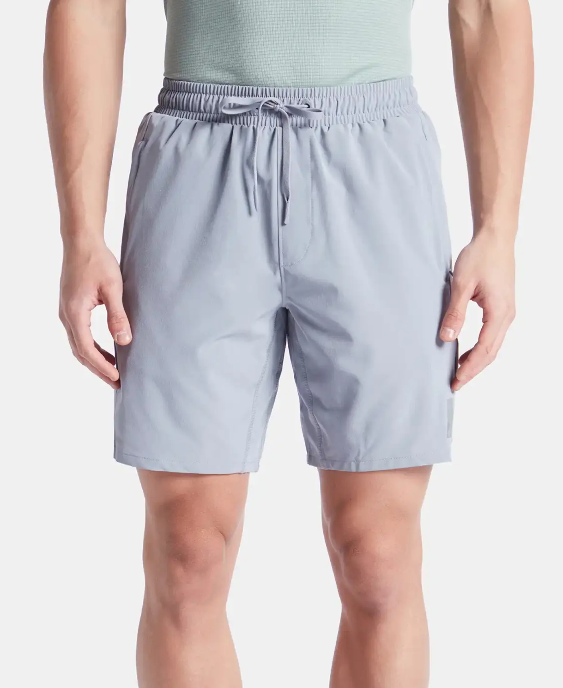 Recycled Microfiber Elastane Stretch Solid Shorts with Zipper Pockets and StayFresh Treatment - Grey