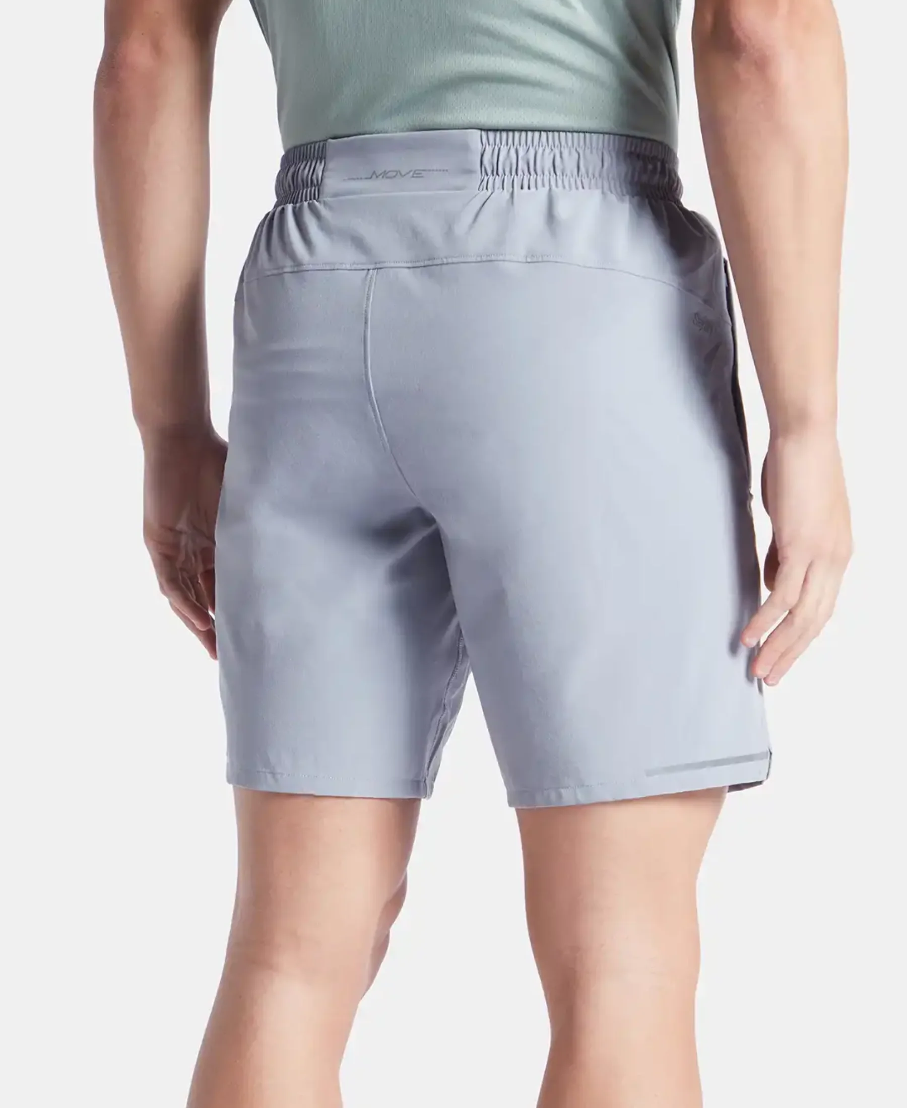 Recycled Microfiber Elastane Stretch Solid Shorts with Zipper Pockets and StayFresh Treatment - Grey - Image 3