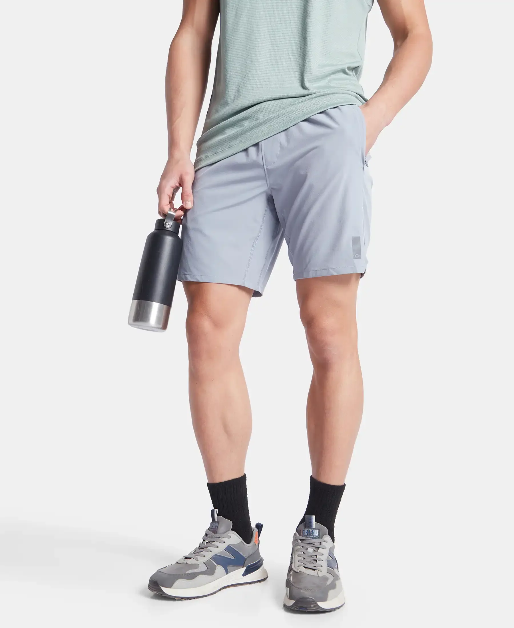 Recycled Microfiber Elastane Stretch Solid Shorts with Zipper Pockets and StayFresh Treatment - Grey - Image 5