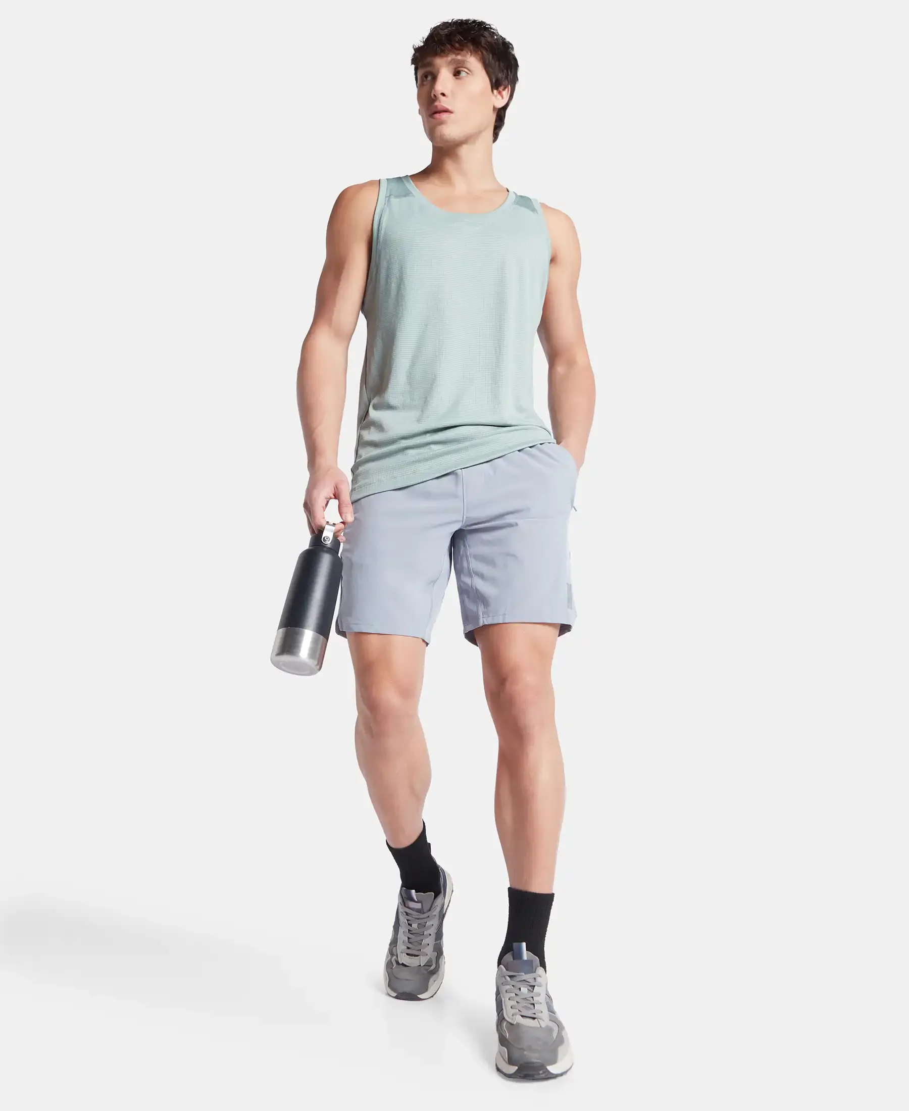 Recycled Microfiber Elastane Stretch Solid Shorts with Zipper Pockets and StayFresh Treatment - Grey - Image 6