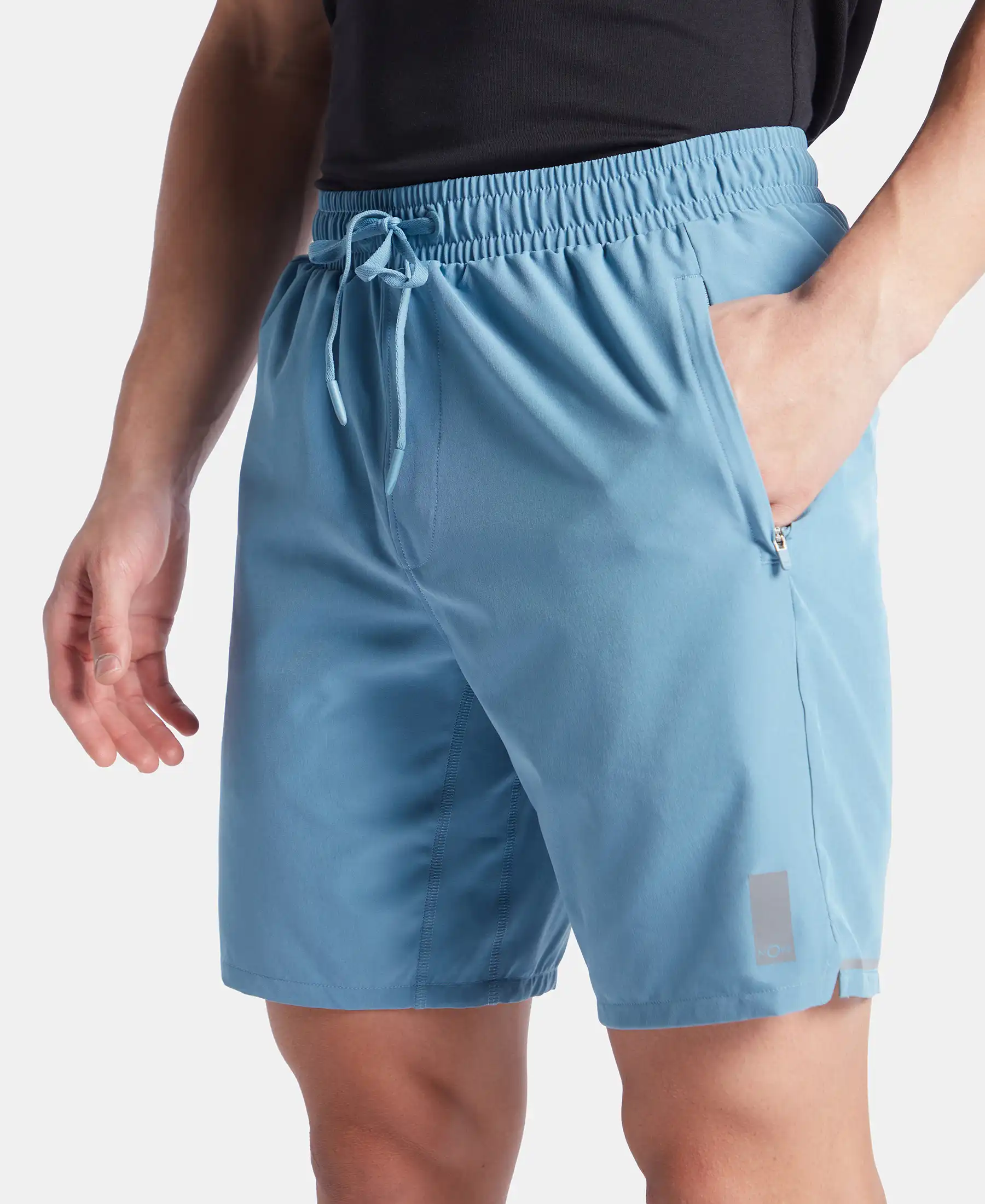 Recycled Microfiber Elastane Stretch Solid Shorts with Zipper Pockets and StayFresh Treatment - Provincial Blue - Image 7