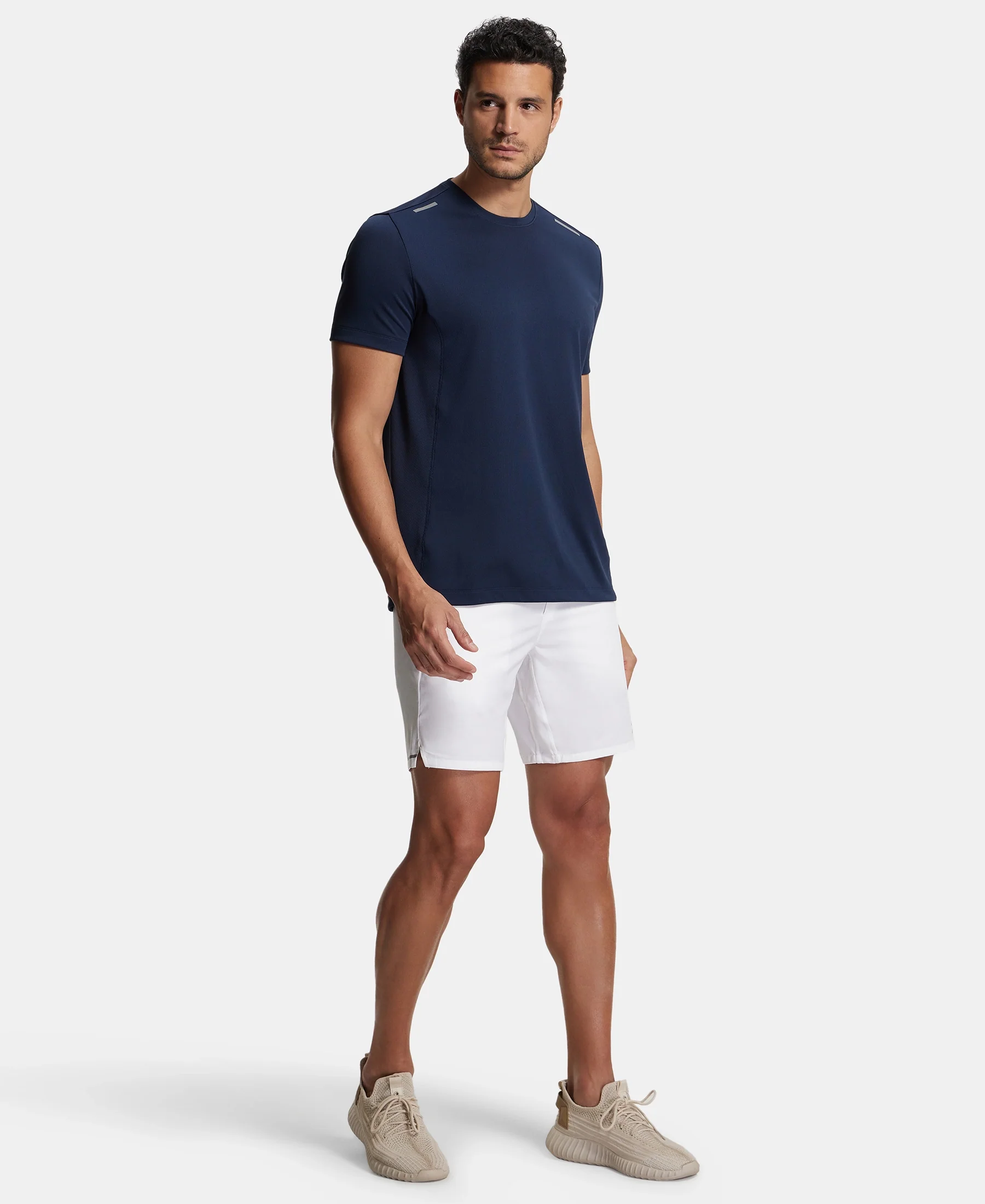 Recycled Microfiber Elastane Stretch Solid Shorts with Zipper Pockets and StayFresh Treatment - White - Image 4
