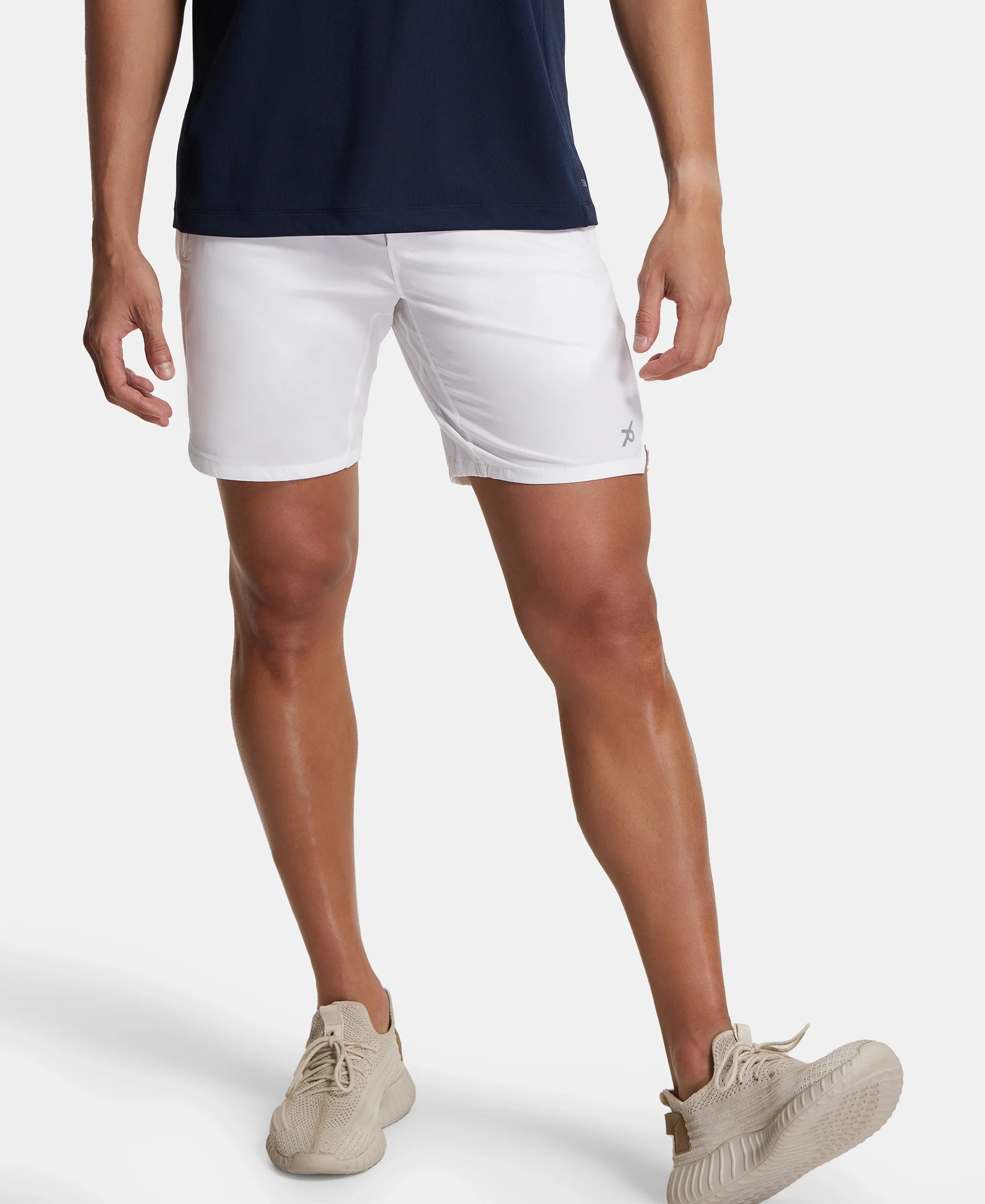 Recycled Microfiber Elastane Stretch Solid Shorts with Zipper Pockets and StayFresh Treatment - White - Image 5