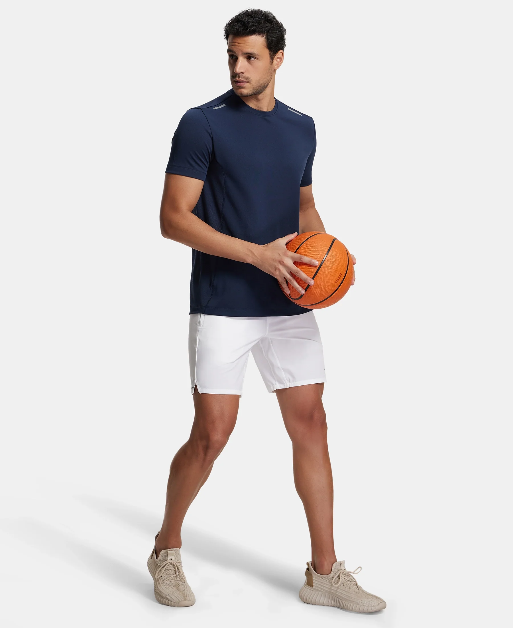 Recycled Microfiber Elastane Stretch Solid Shorts with Zipper Pockets and StayFresh Treatment - White - Image 6