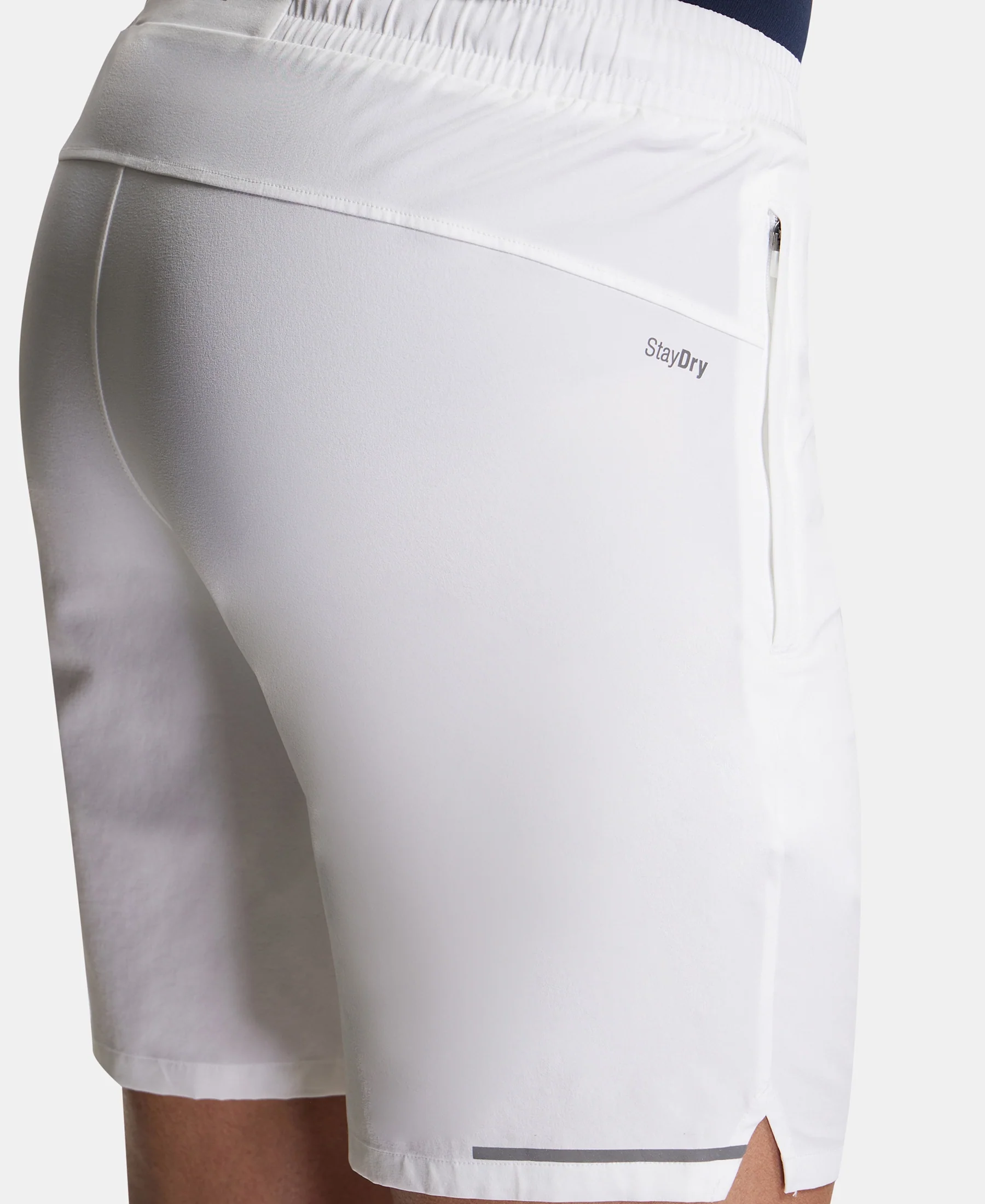 Recycled Microfiber Elastane Stretch Solid Shorts with Zipper Pockets and StayFresh Treatment - White - Image 7