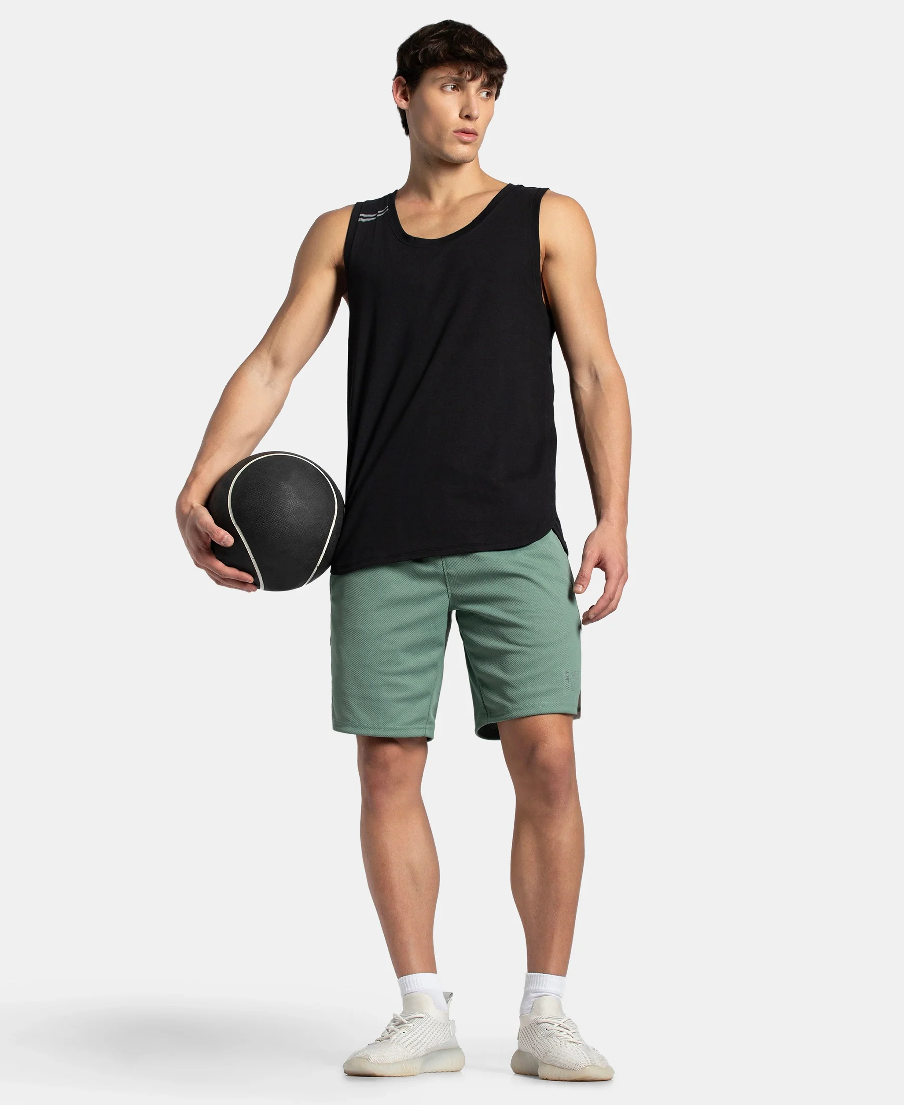 Recycled Microfiber Straight Fit Shorts with StayFresh Treatment - Green & White - Image 6