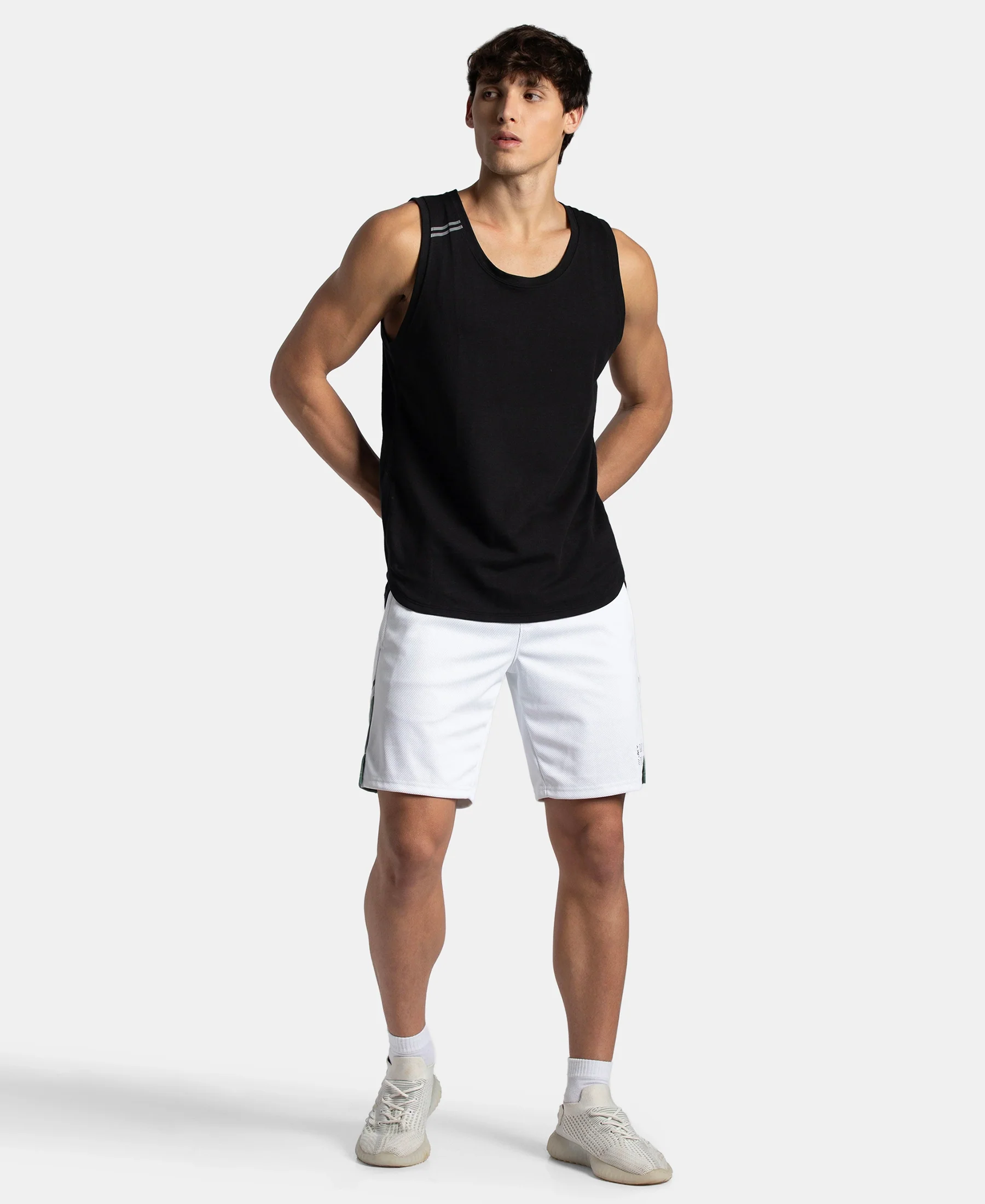 Recycled Microfiber Straight Fit Shorts with StayFresh Treatment - White & Green - Image 4