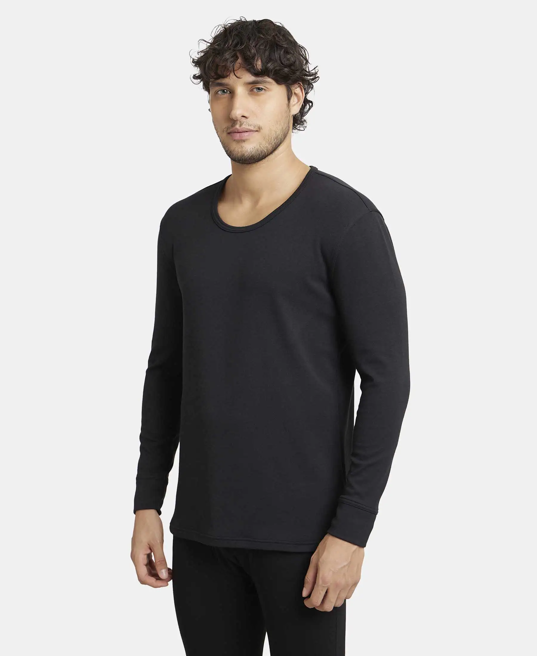 Ultra Warmth Soft Touch Microfiber Elastane Stretch Fleece Fabric Full Sleeve Thermal Undershirt with StayWarm Technology - Black - Image 2