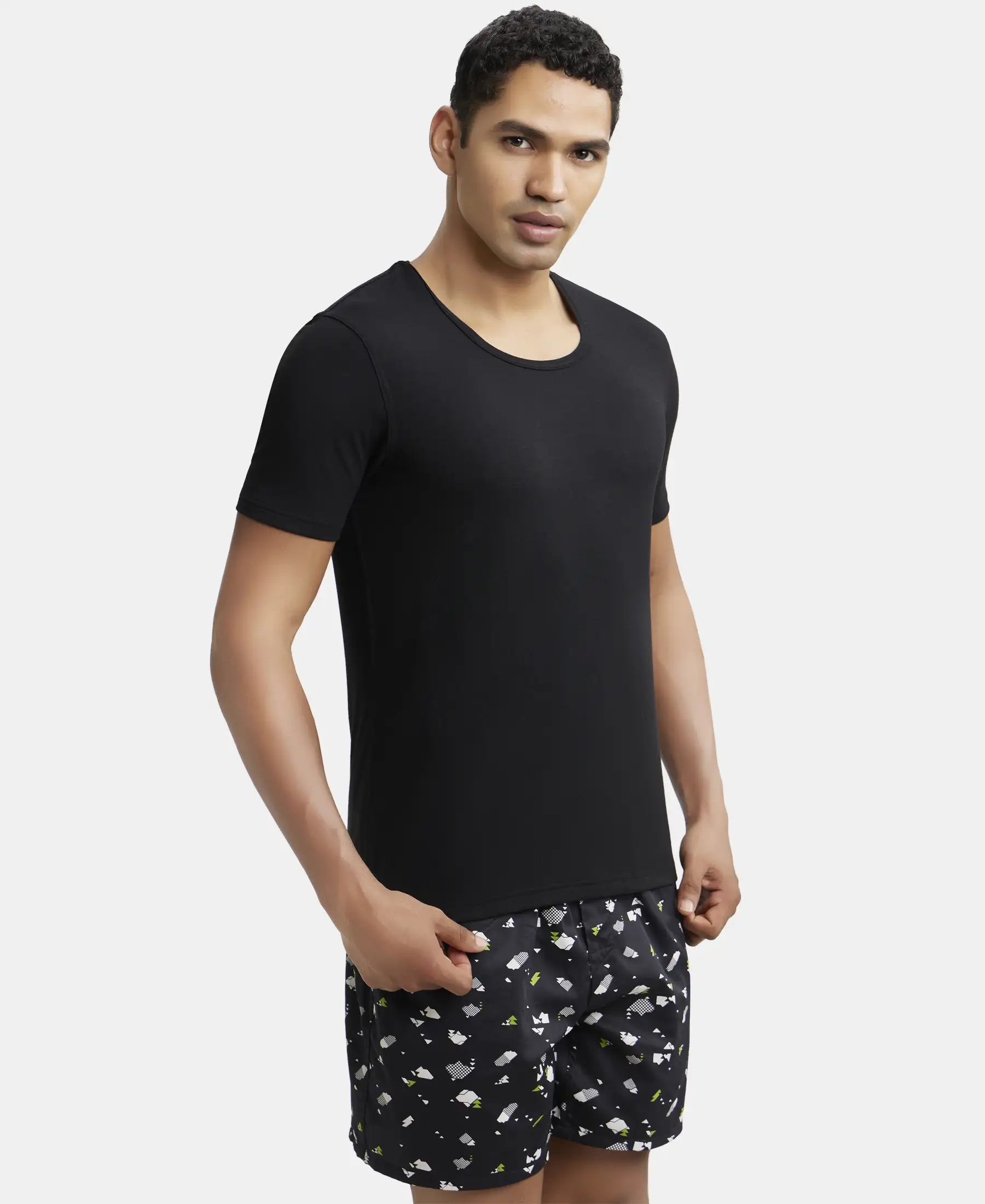 Soft Touch Microfiber Elastane Stretch Half Sleeve Thermal Undershirt with StayWarm Technology - Black - Image 2