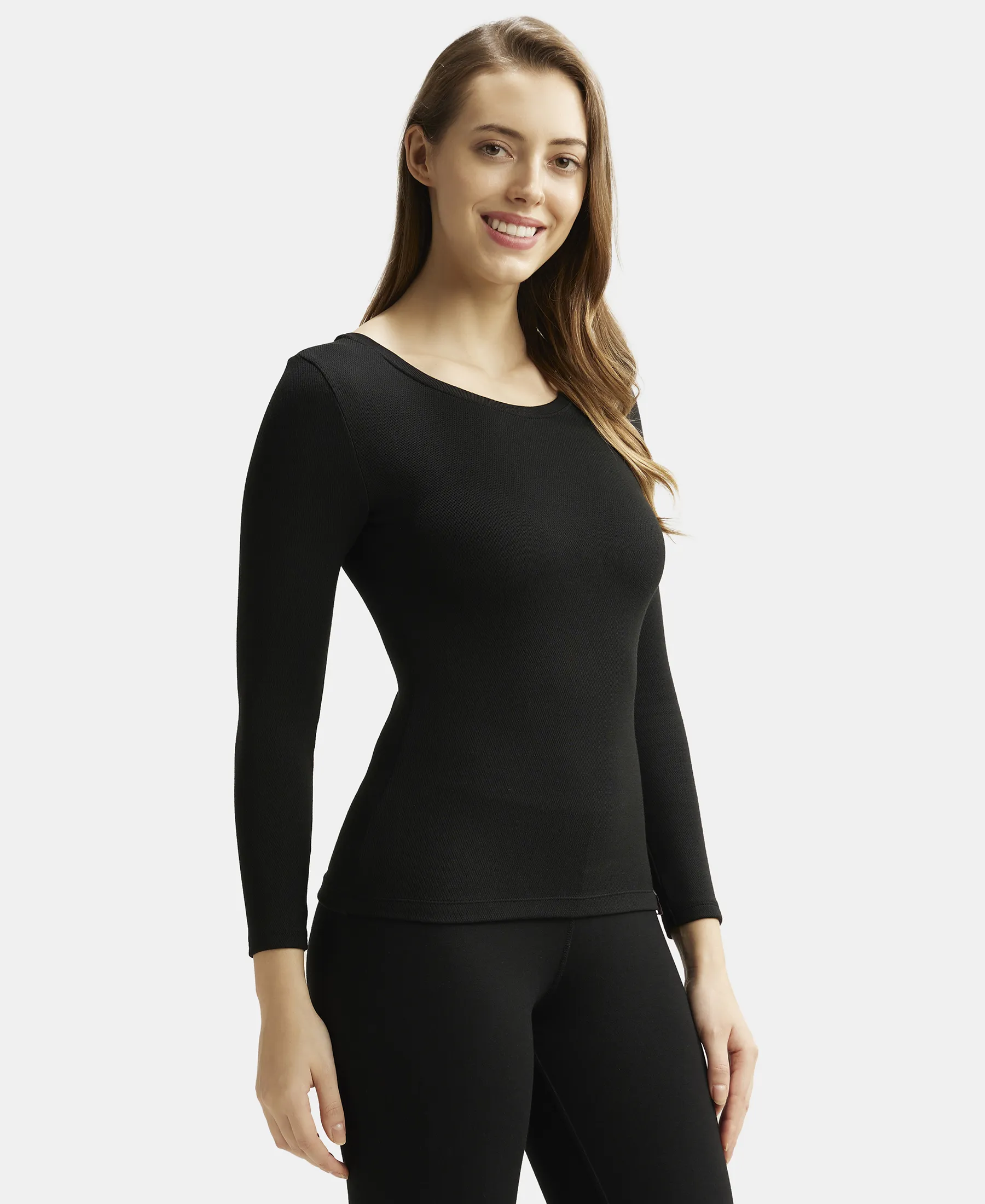 Ultra Warmth Soft Touch Microfiber Elastane Stretch Fleece Fabric Full Sleeve Thermal Top with StayWarm Technology - Black - Image 2