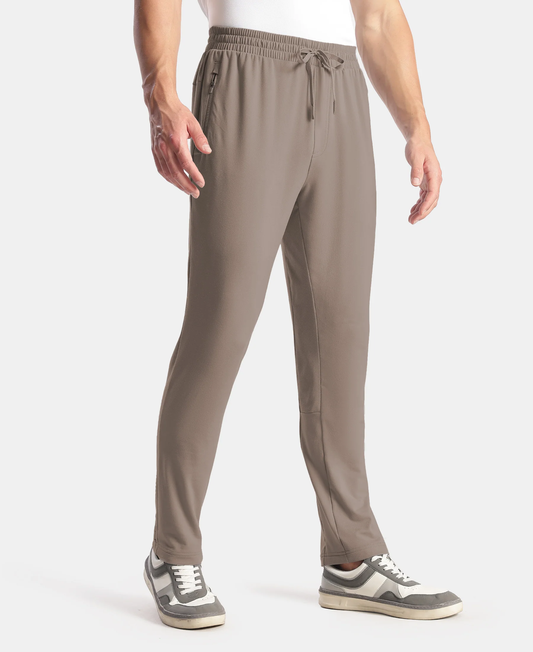 Soft Touch Microfiber Elastane Stretch Trackpant with Side Pockets and StayFresh Treatment - Dark Khaki - Image 2
