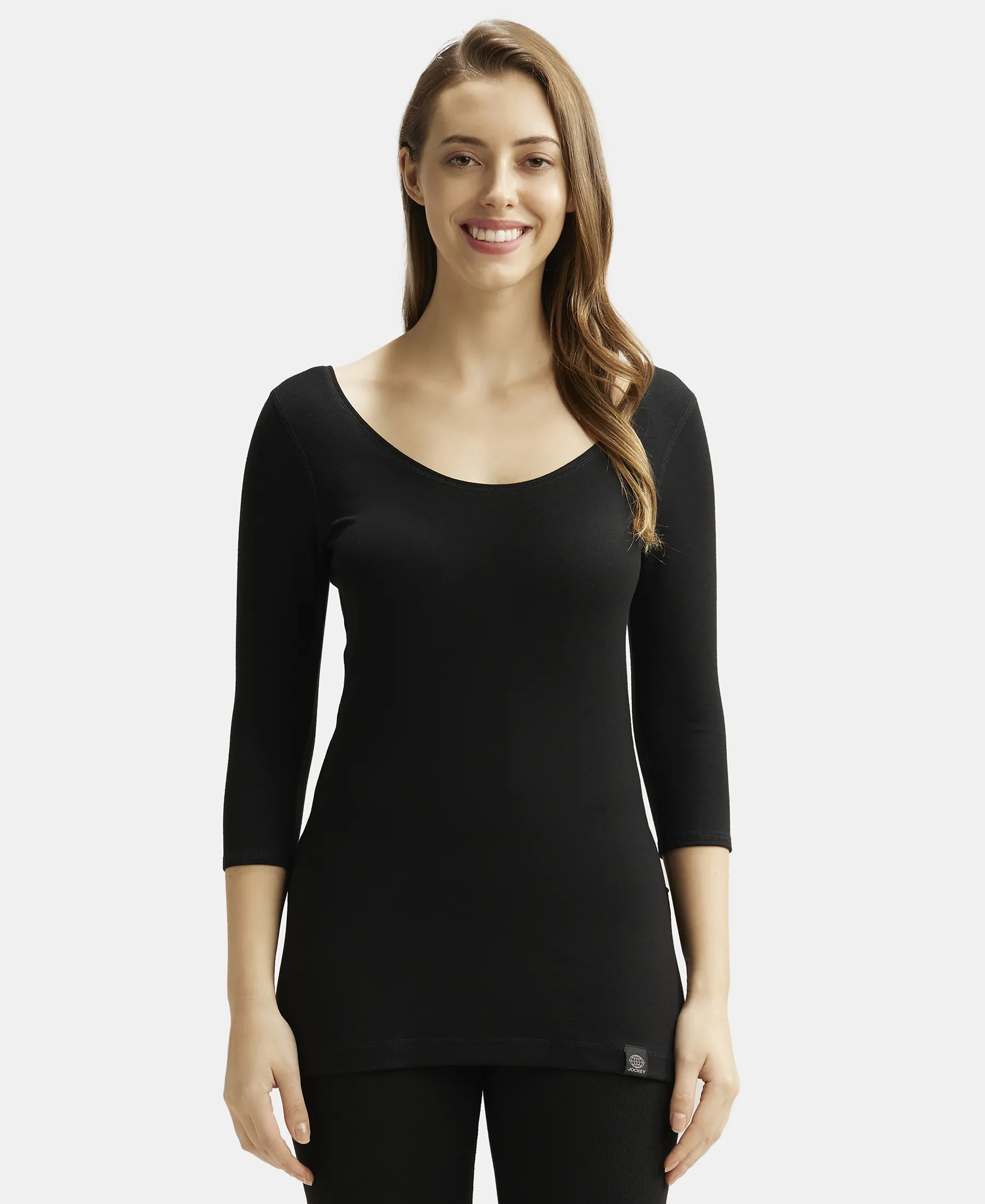 Warmth Soft Touch Microfiber Elastane Stretch Three Quarter Sleeve Thermal Top with StayWarm Technology - Black