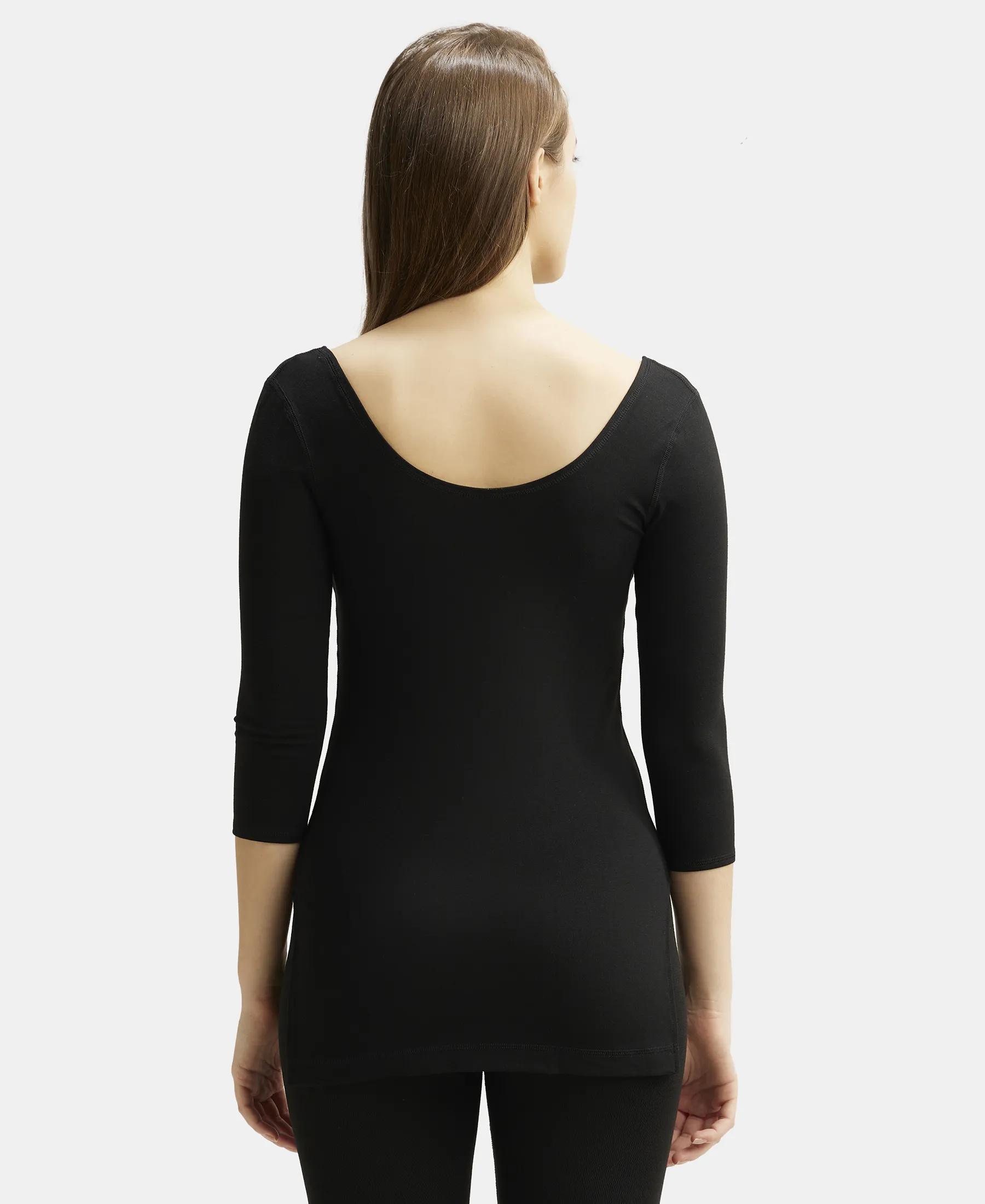Warmth Soft Touch Microfiber Elastane Stretch Three Quarter Sleeve Thermal Top with StayWarm Technology - Black - Image 3