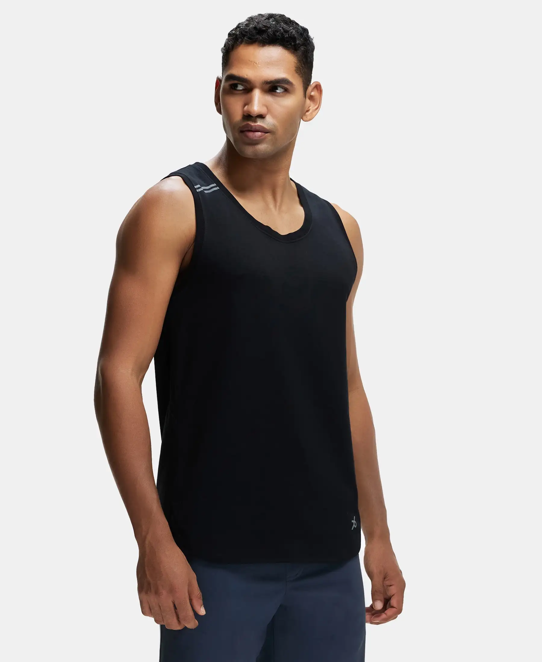 Super Combed Cotton Blend Solid Performance Tank Top with Breathable Mesh - Black - Image 2