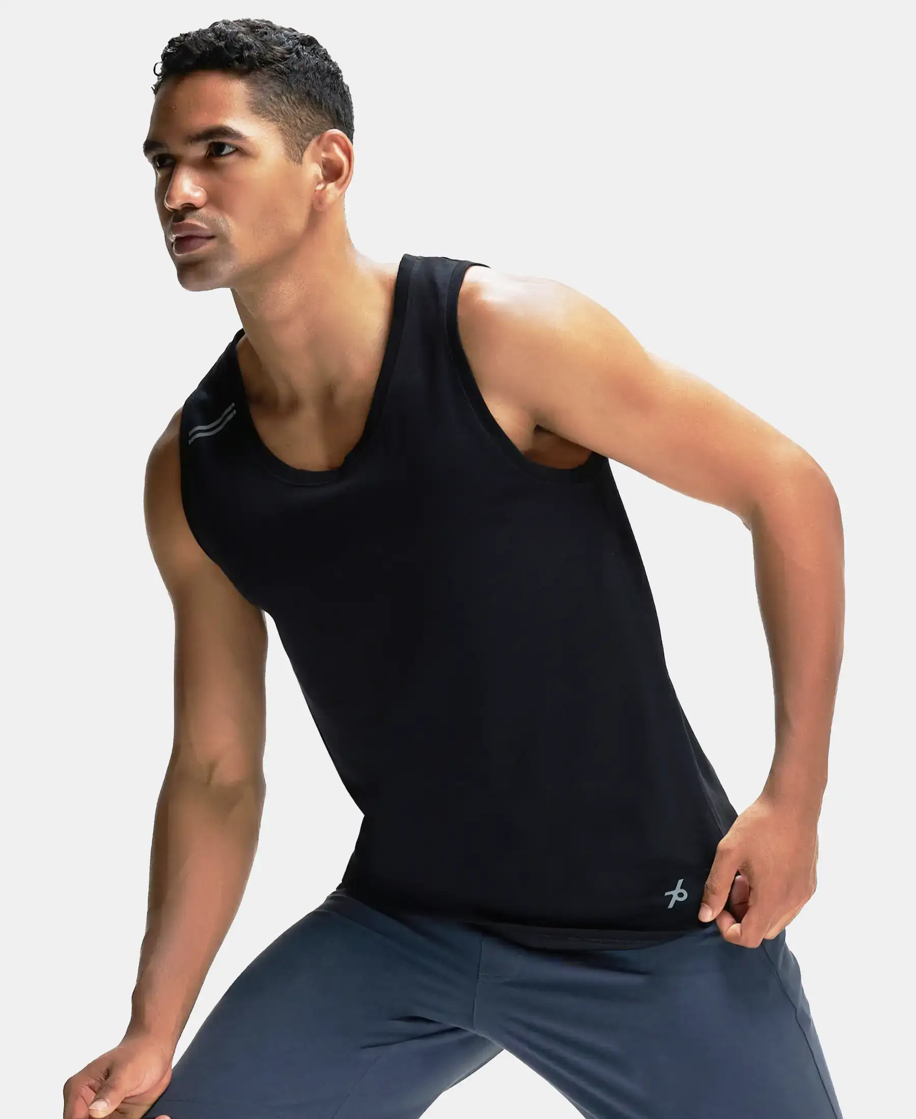 Super Combed Cotton Blend Solid Performance Tank Top with Breathable Mesh - Black - Image 5