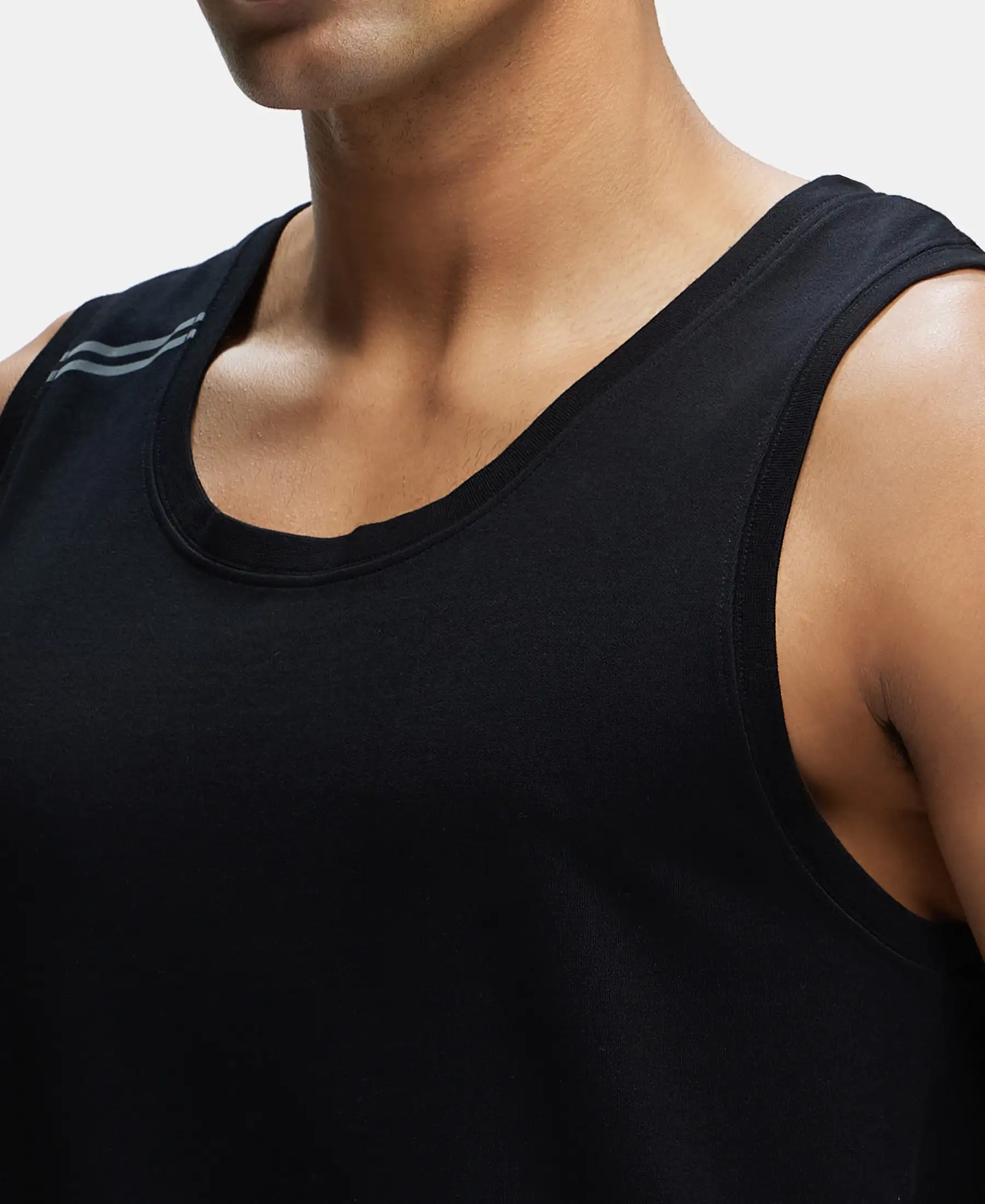 Super Combed Cotton Blend Solid Performance Tank Top with Breathable Mesh - Black - Image 6