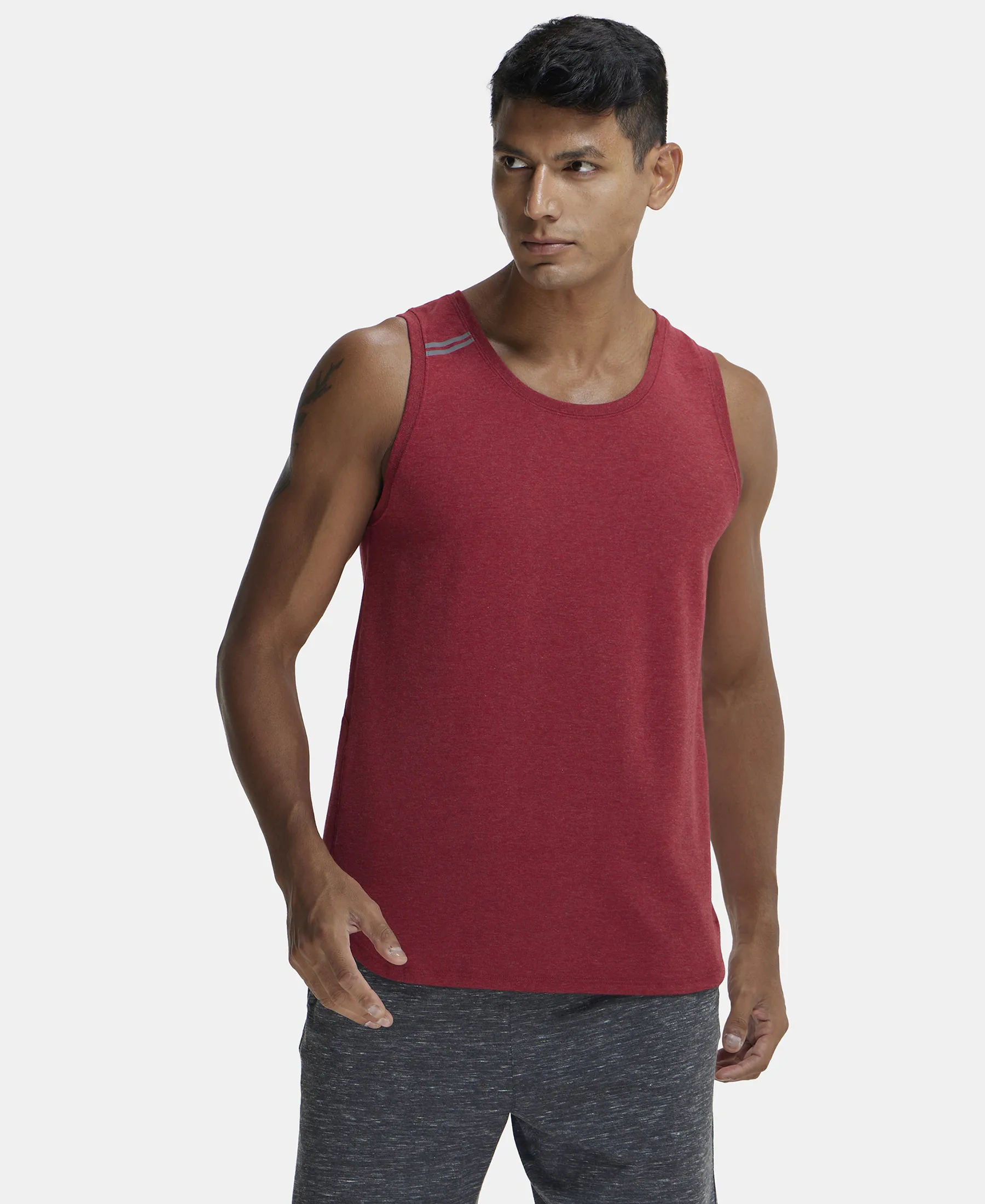 Super Combed Cotton Blend Solid Performance Tank Top with Breathable Mesh - Bric Red Melange