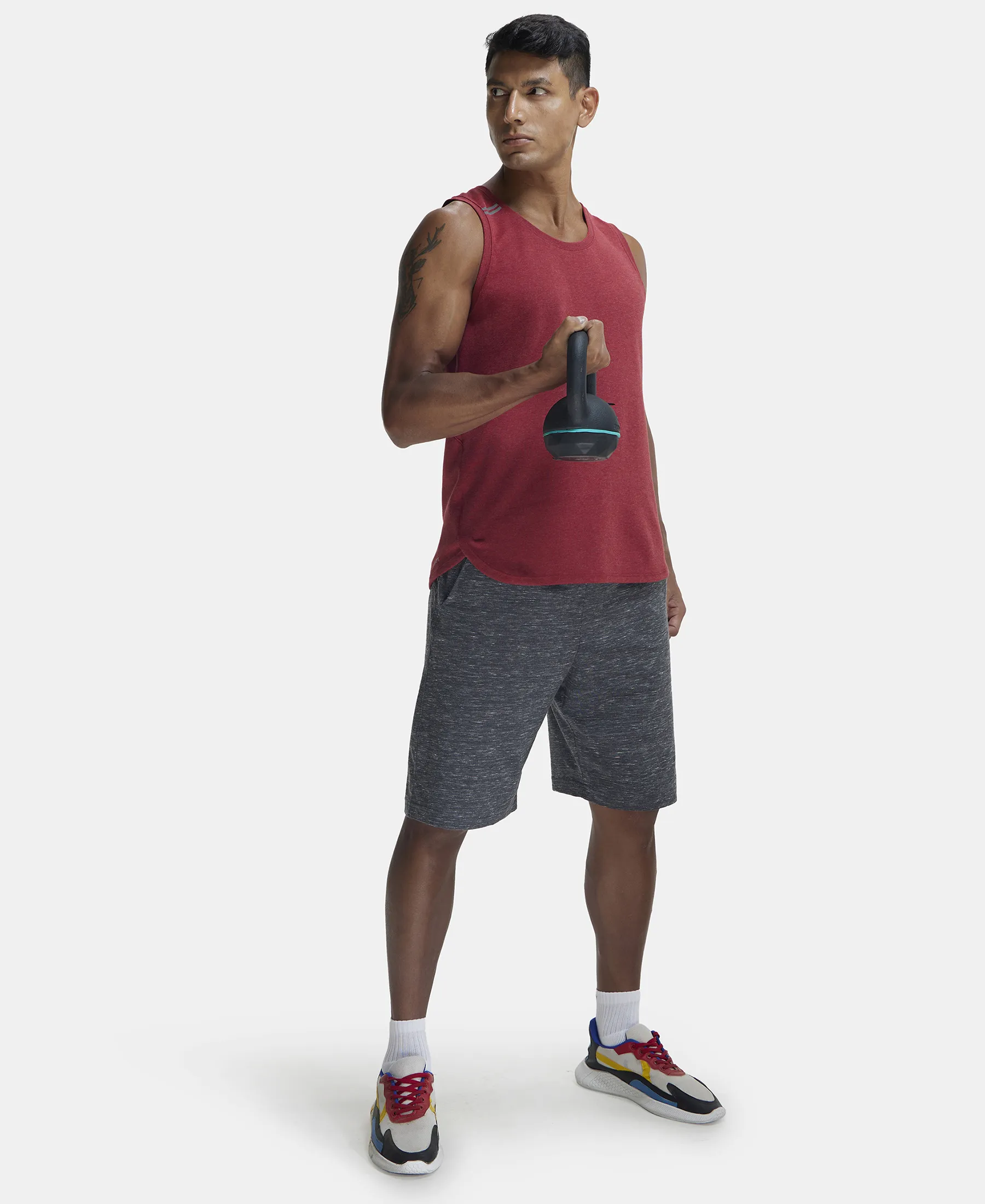 Super Combed Cotton Blend Solid Performance Tank Top with Breathable Mesh - Bric Red Melange - Image 4