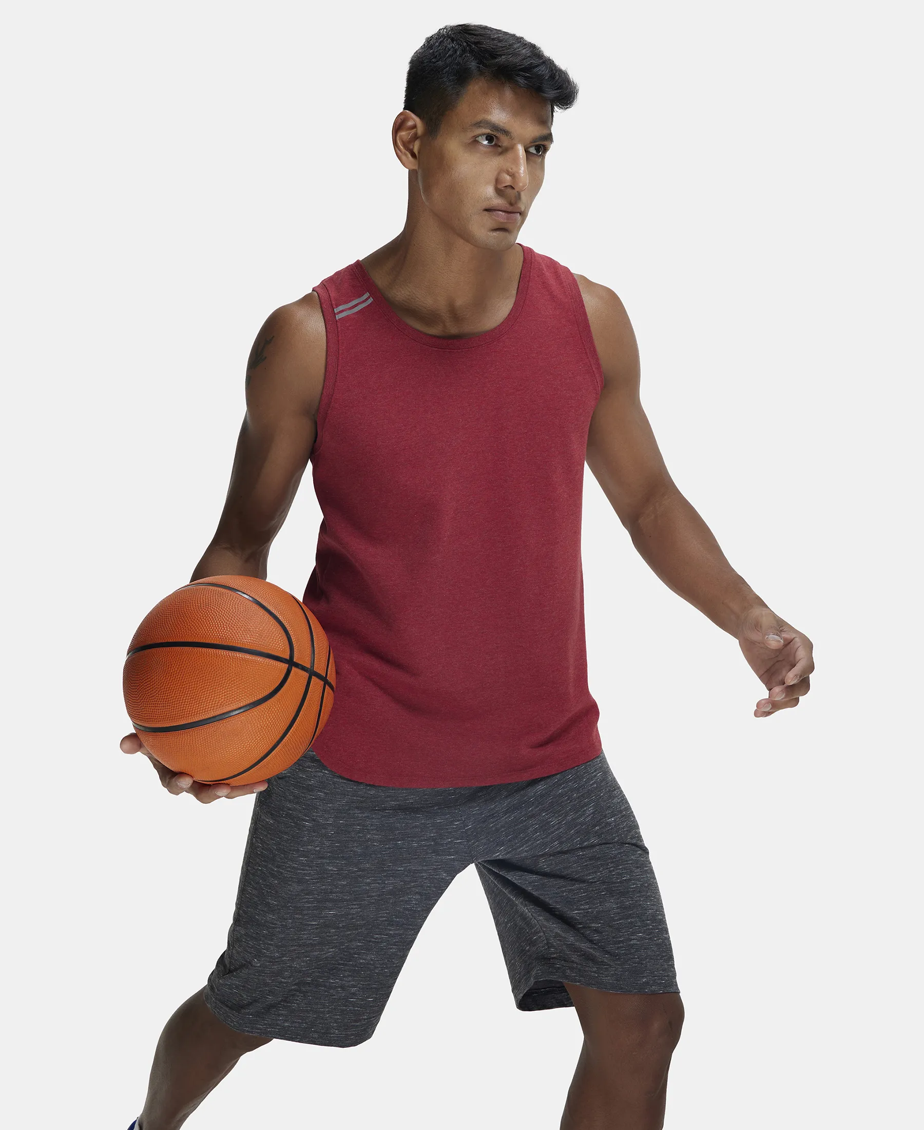 Super Combed Cotton Blend Solid Performance Tank Top with Breathable Mesh - Bric Red Melange - Image 5