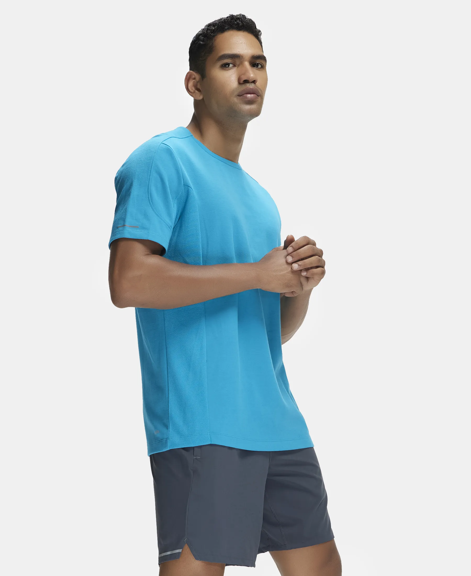 Super Combed Cotton Blend Solid Round Neck Half Sleeve T-Shirt with Breathable Mesh - Caribbean Sea - Image 5